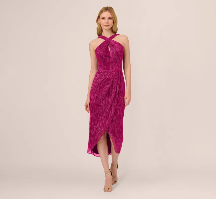 Metallic Knit Halter Midi Dress With Wrap Skirt In Magenta sold by Adrianna Papell