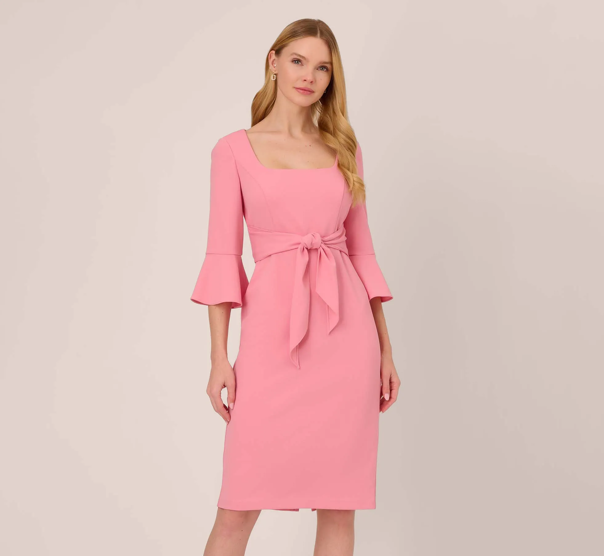 Stretch Knit Crepe Tie-Front Midi-Length Sheath Dress In Faded Rose sold by Adrianna Papell
