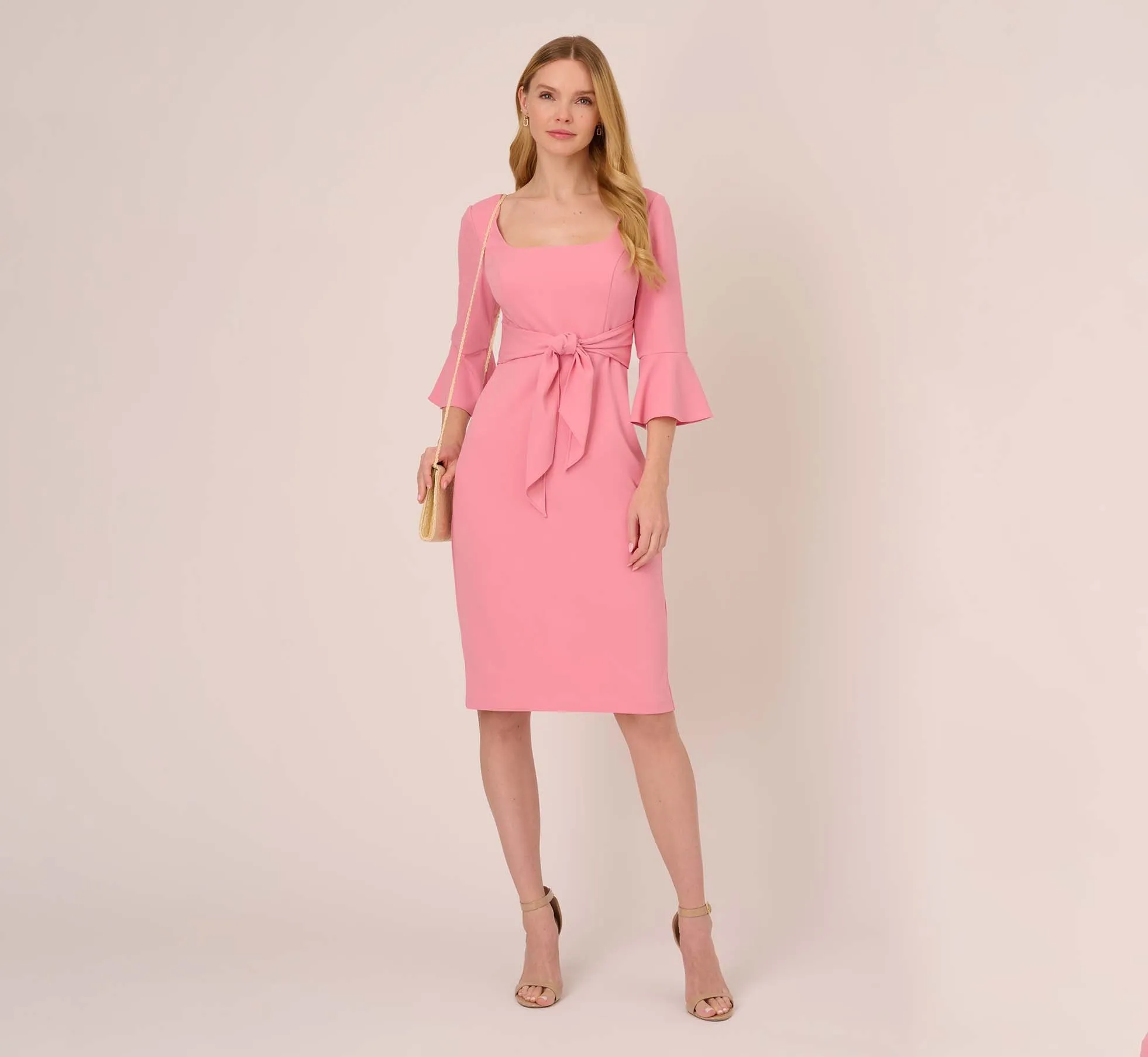 Stretch Knit Crepe Tie-Front Midi-Length Sheath Dress In Faded Rose sold by Adrianna Papell product image thumbnail 2