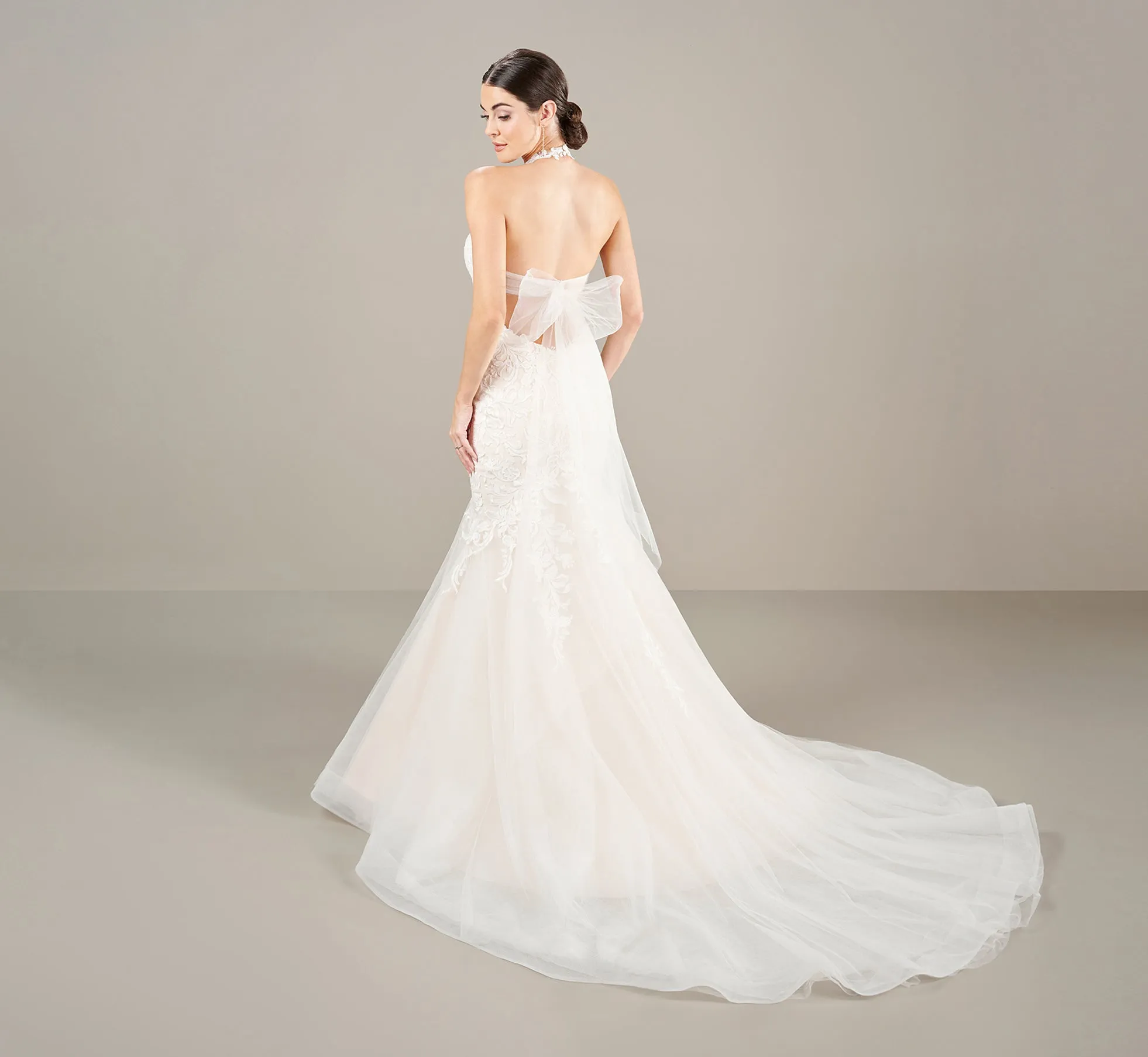 Lace Applique Halter Wedding Gown In Ivory Almond sold by Adrianna Papell product image thumbnail 3