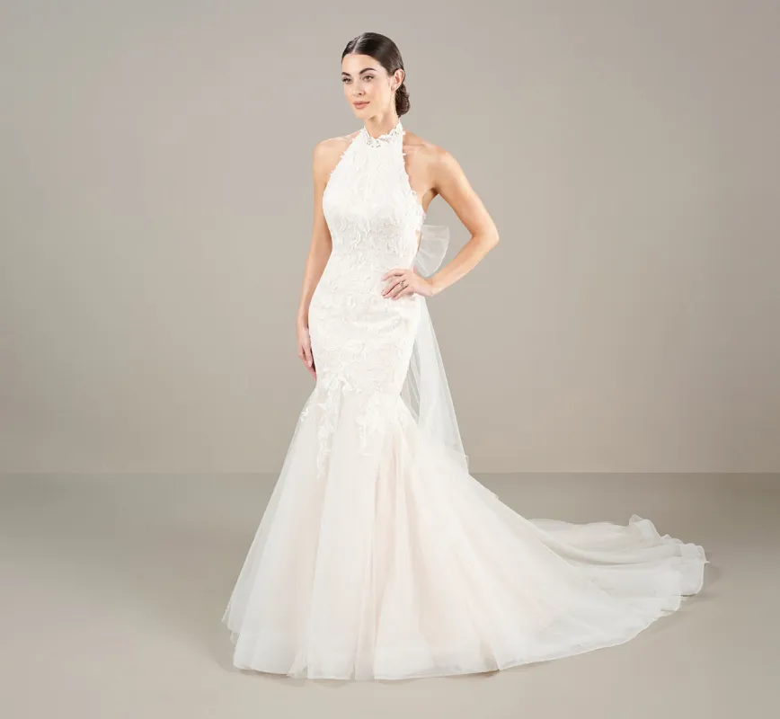 Lace Applique Halter Wedding Gown In Ivory Almond sold by Adrianna Papell