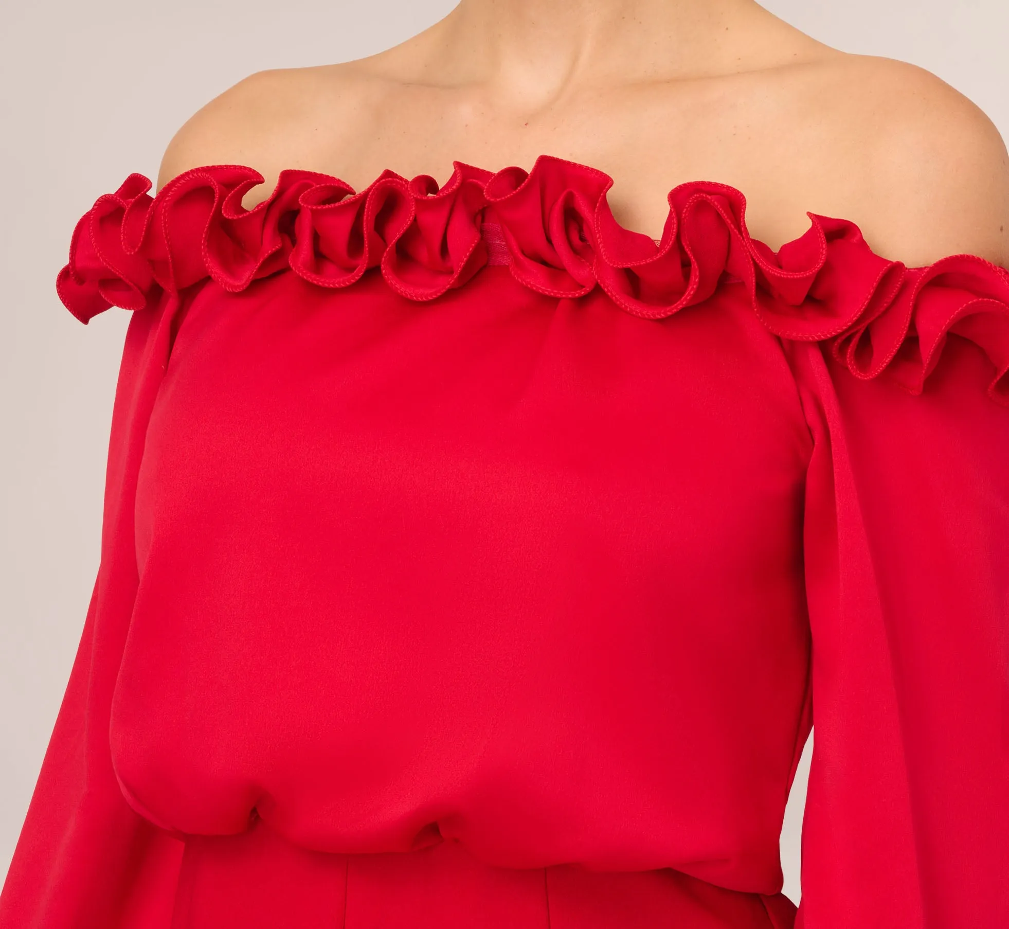 Satin Crepe Blouson Jumpsuit With Rosette Trim In Hot Ruby sold by Adrianna Papell product image thumbnail 3