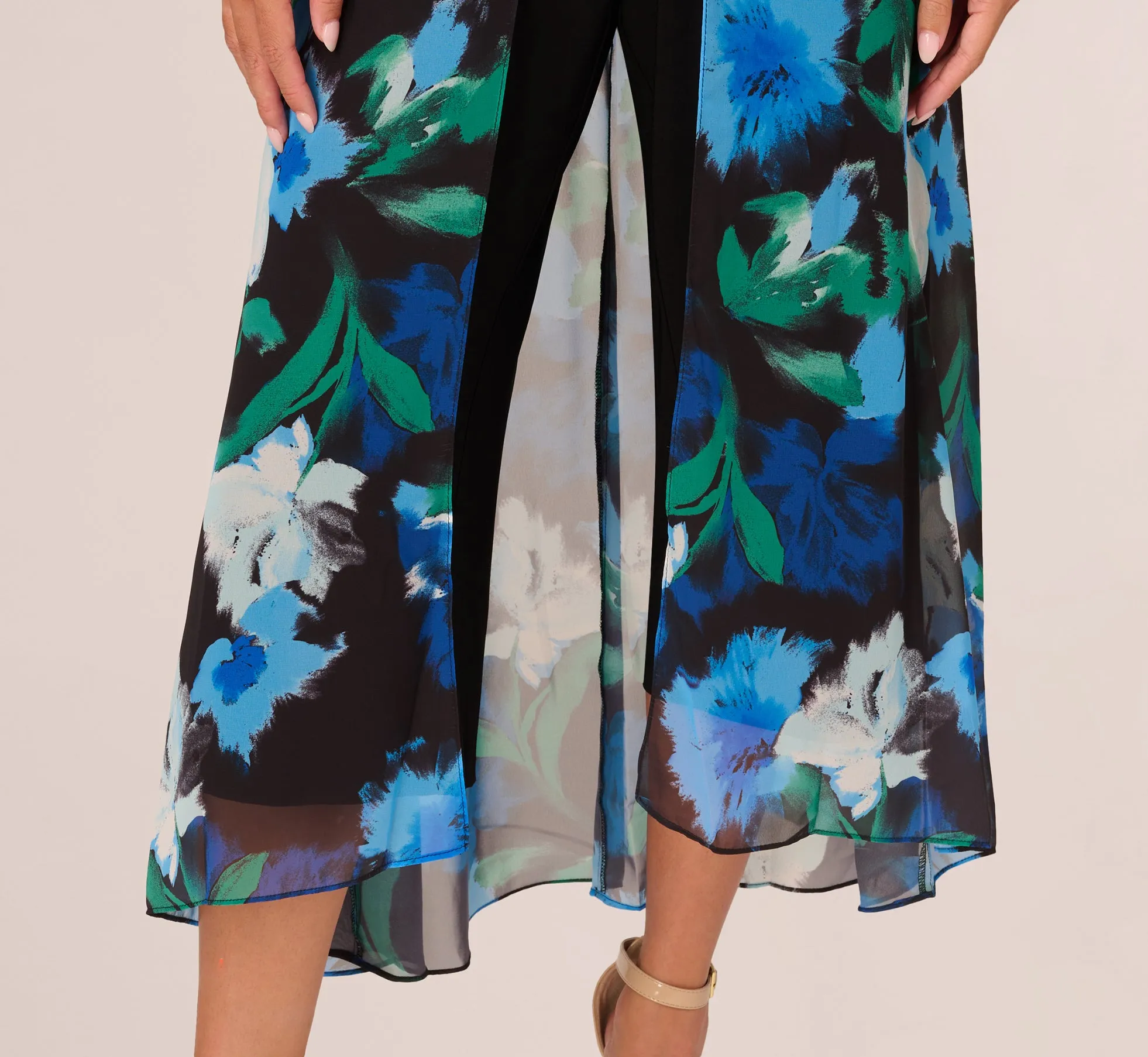 Floral Print Chiffon Cropped Jumpsuit With Wide Legs In Black Multi sold by Adrianna Papell product image thumbnail 5