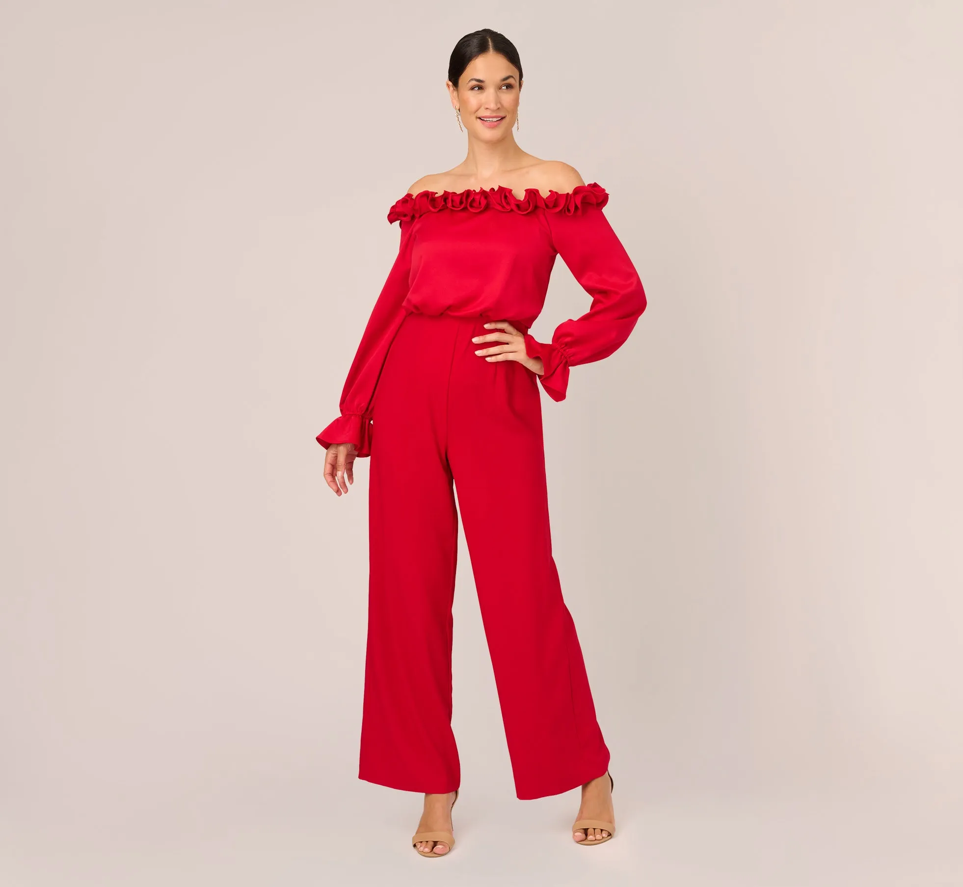 Satin Crepe Blouson Jumpsuit With Rosette Trim In Hot Ruby sold by Adrianna Papell