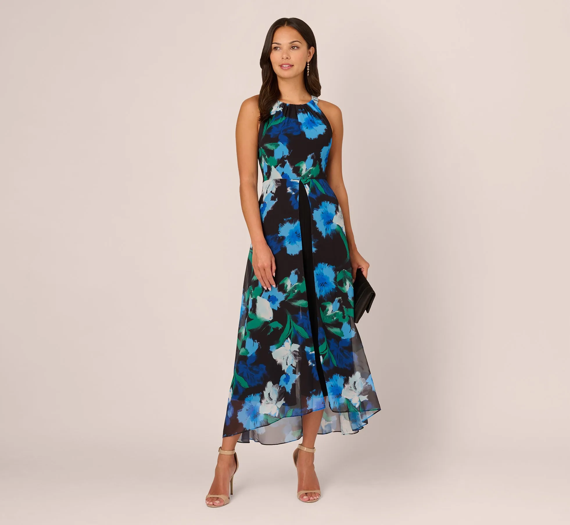 Floral Print Chiffon Cropped Jumpsuit With Wide Legs In Black Multi sold by Adrianna Papell product image thumbnail 2