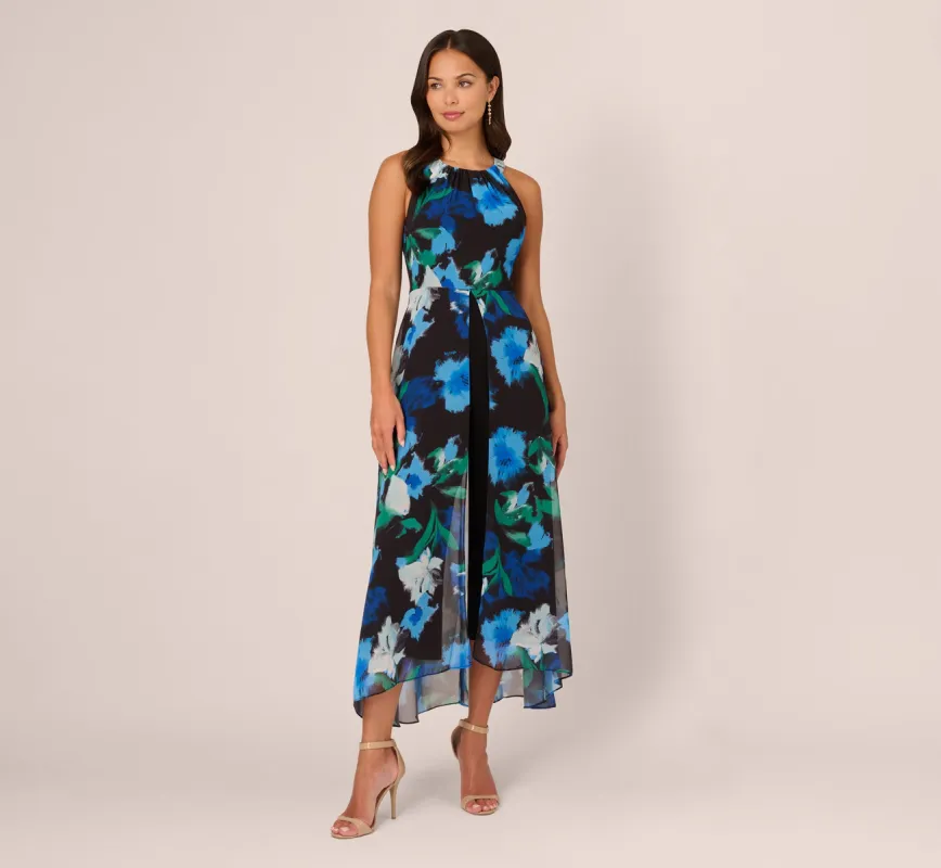 Floral Print Chiffon Cropped Jumpsuit With Wide Legs In Black Multi sold by Adrianna Papell
