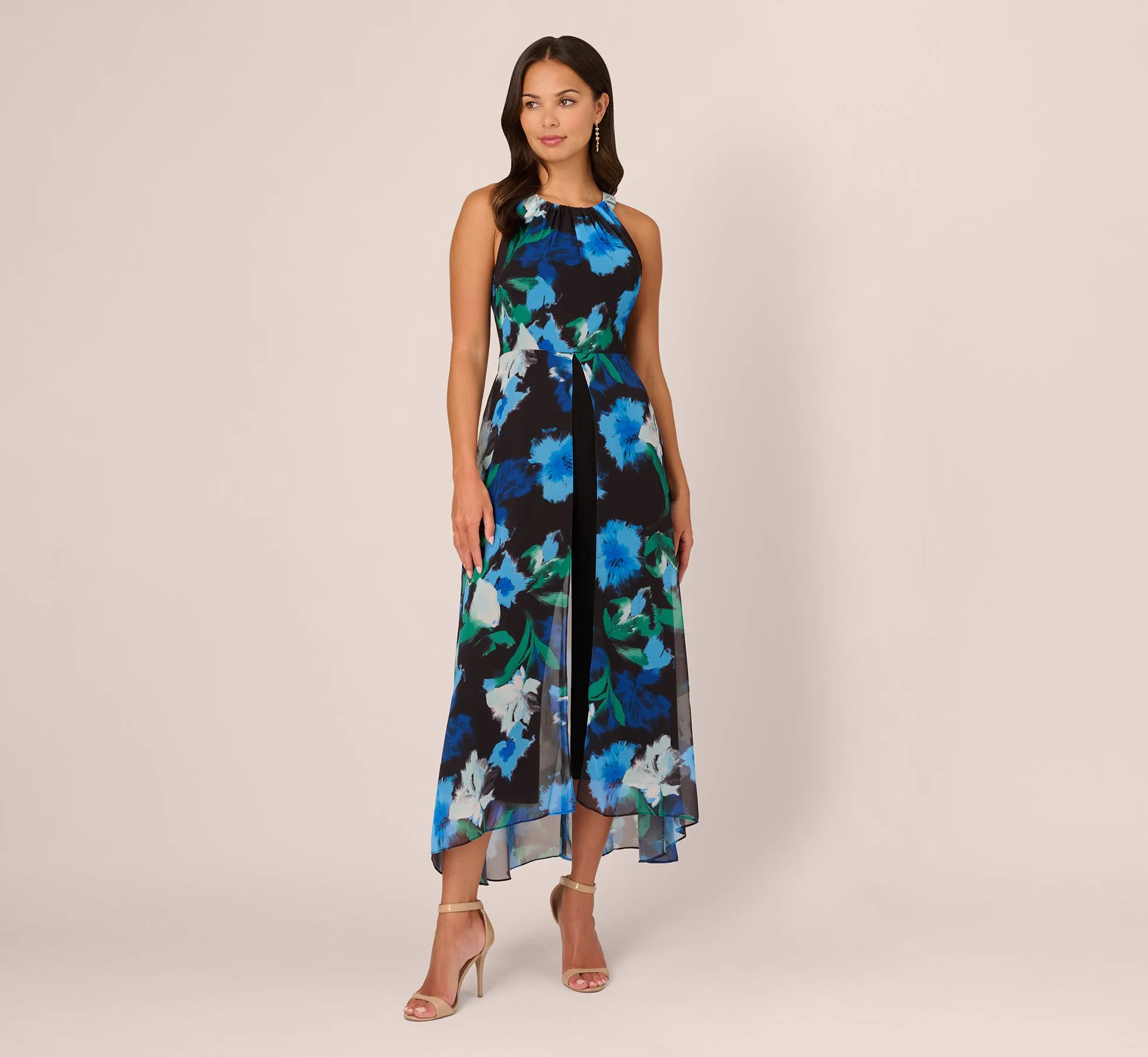 Floral Print Chiffon Cropped Jumpsuit With Wide Legs In Black Multi sold by Adrianna Papell