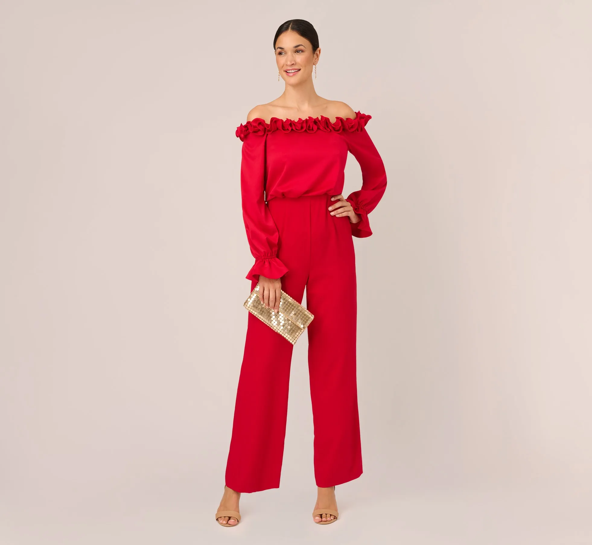 Satin Crepe Blouson Jumpsuit With Rosette Trim In Hot Ruby sold by Adrianna Papell product image thumbnail 2