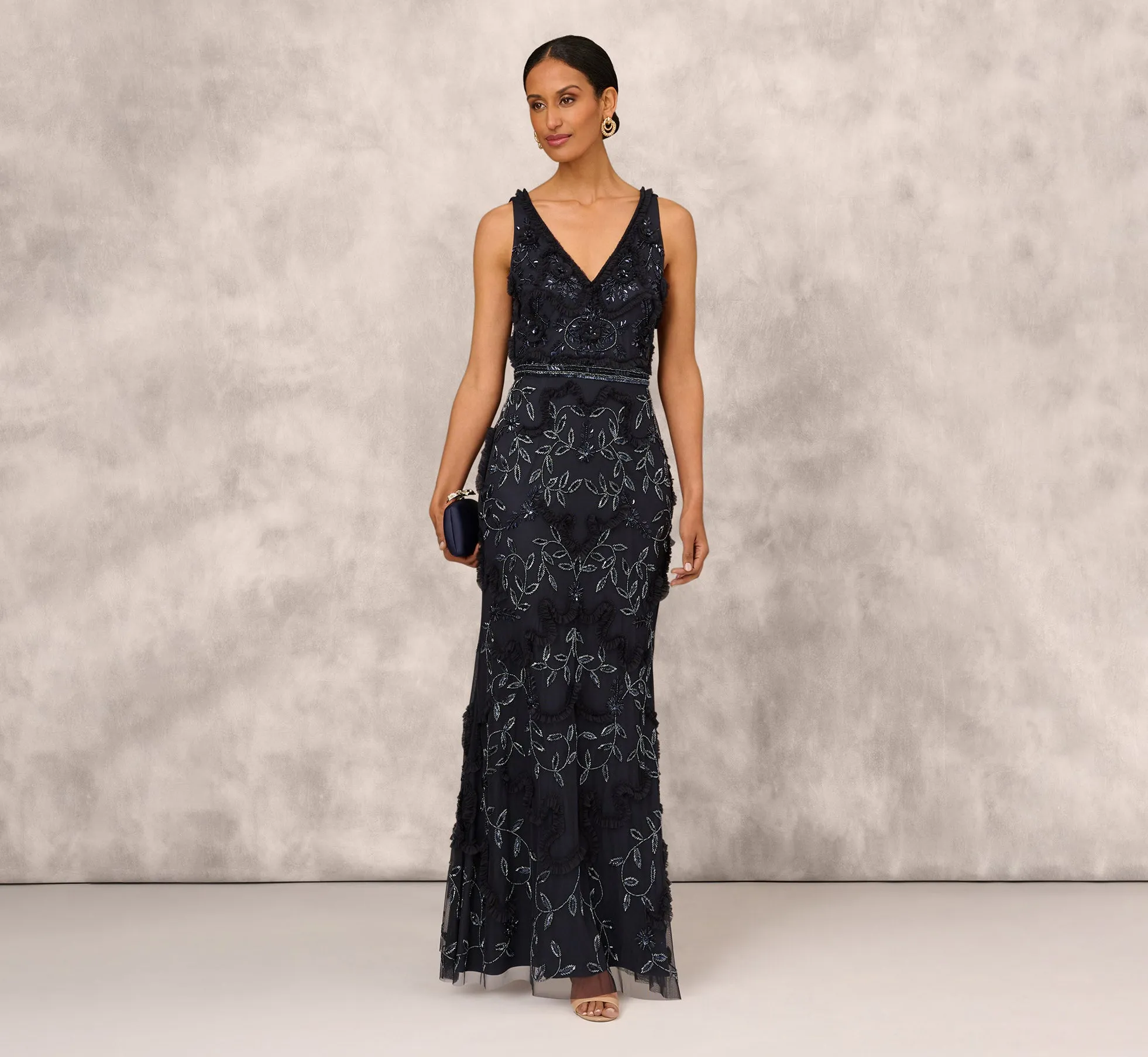 Beaded Ruffle Sleeveless Gown With V-Neck And Back In Twilight sold by Adrianna Papell product image thumbnail 2