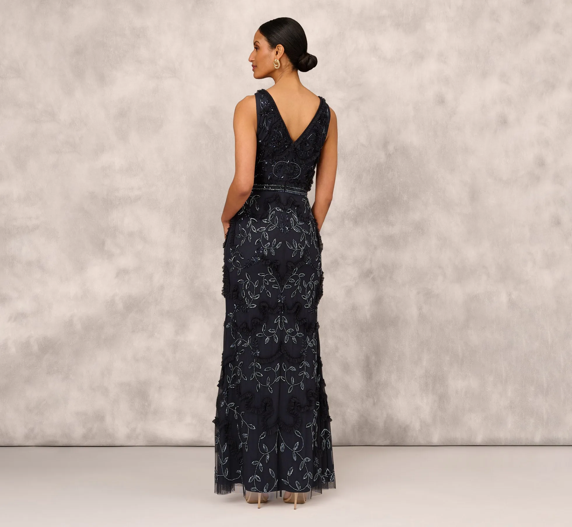 Beaded Ruffle Sleeveless Gown With V-Neck And Back In Twilight sold by Adrianna Papell product image thumbnail 4