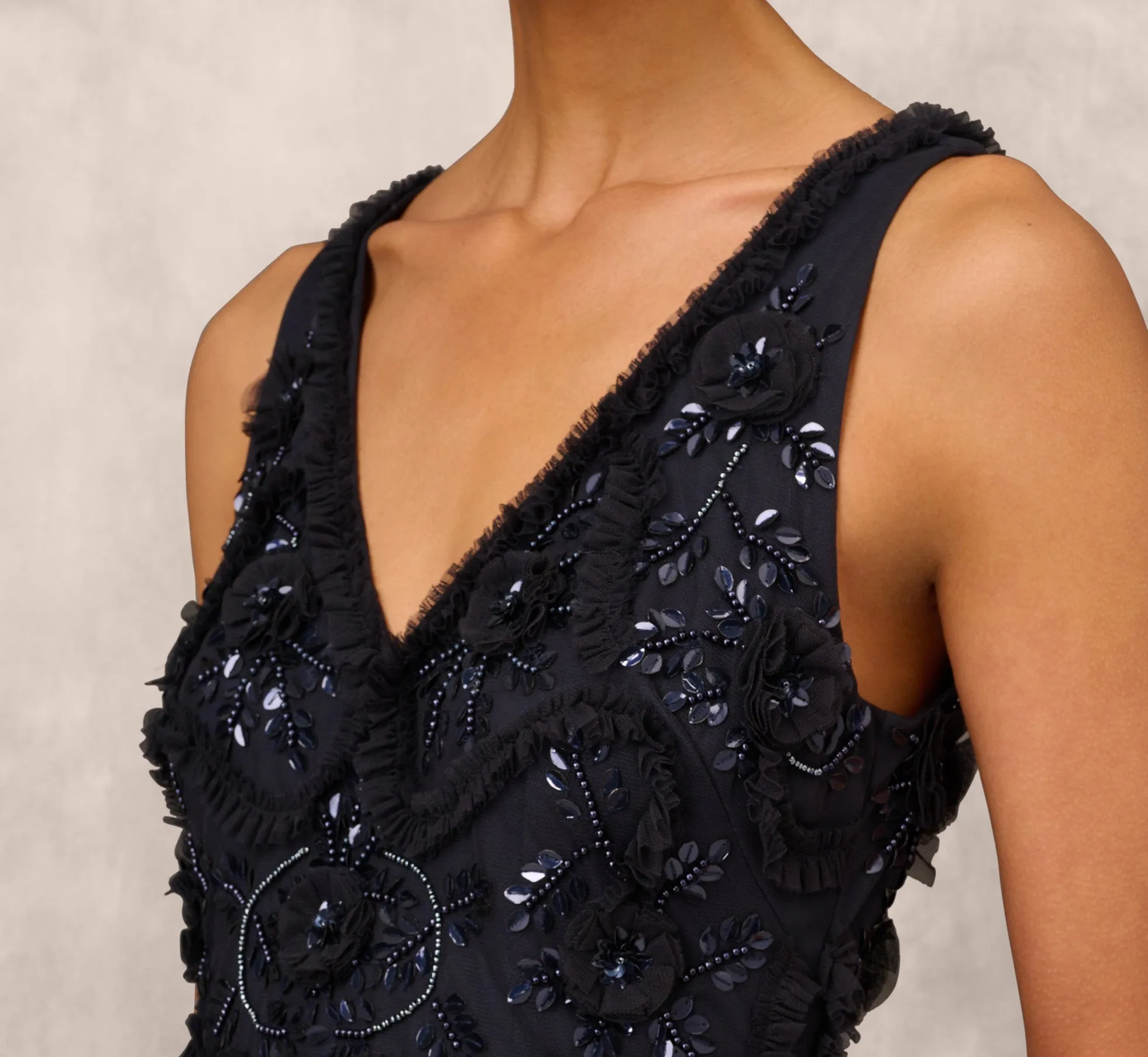 Beaded Ruffle Sleeveless Gown With V-Neck And Back In Twilight sold by Adrianna Papell product image thumbnail 3