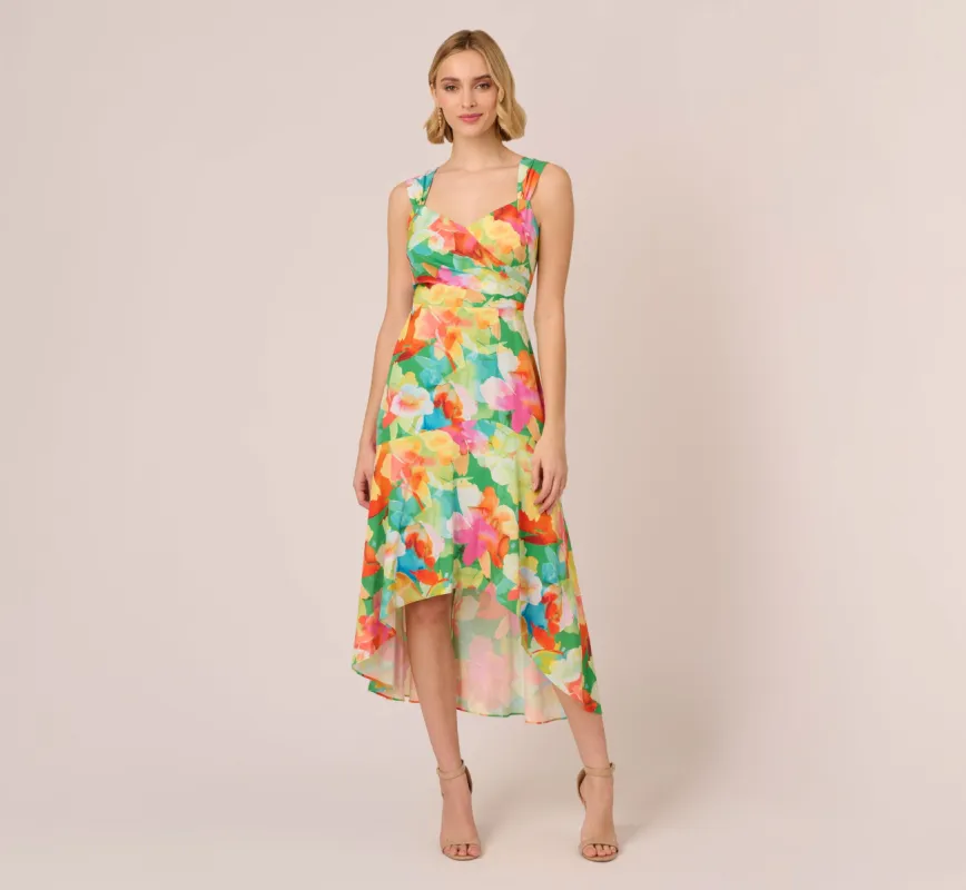 Abstract Floral Print High Low Dress With Flounce Skirt In Green Multi sold by Adrianna Papell