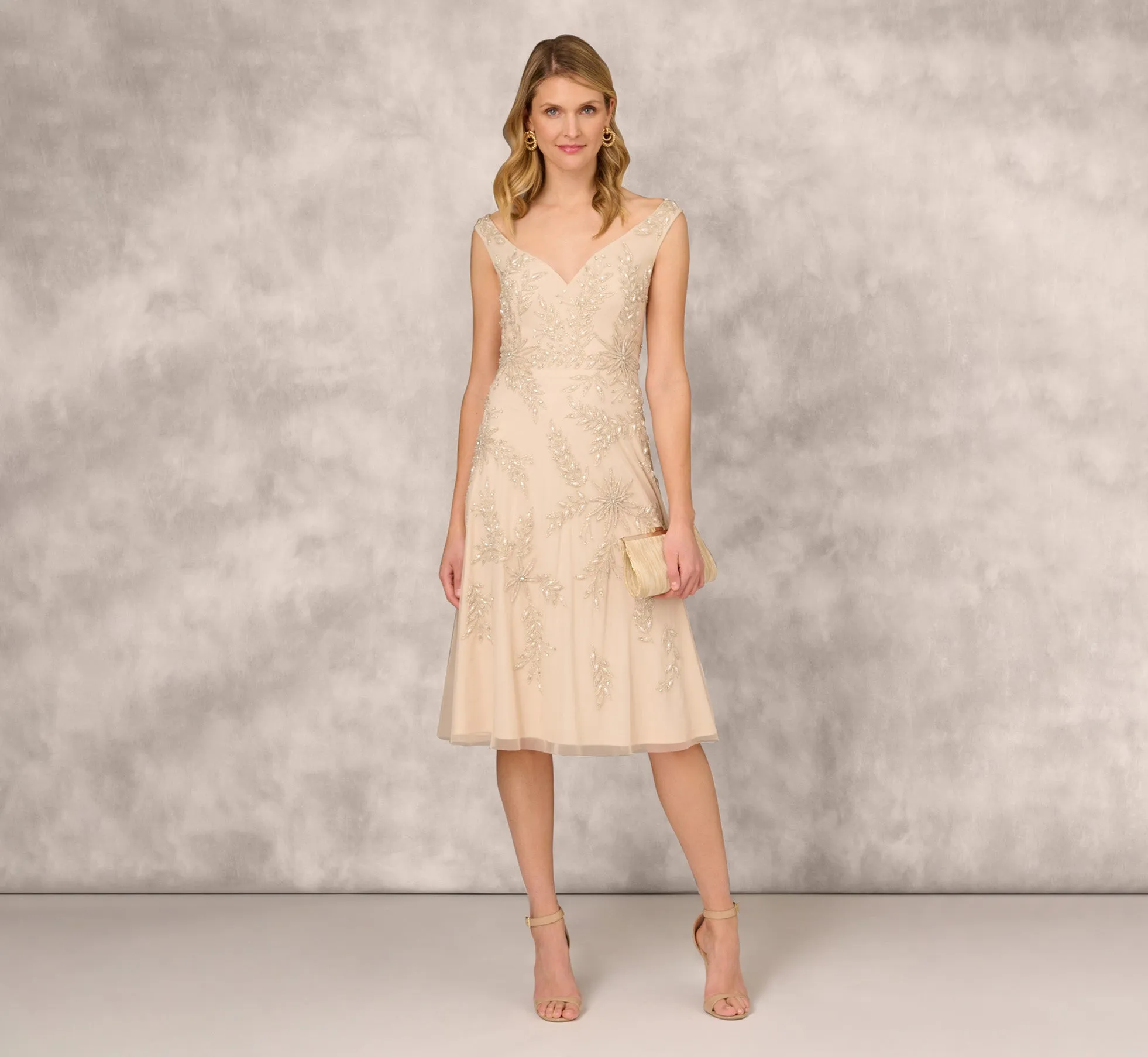 Beaded Sleeveless Midi Dress With Sweetheart Neckline In Champagne sold by Adrianna Papell product image thumbnail 2