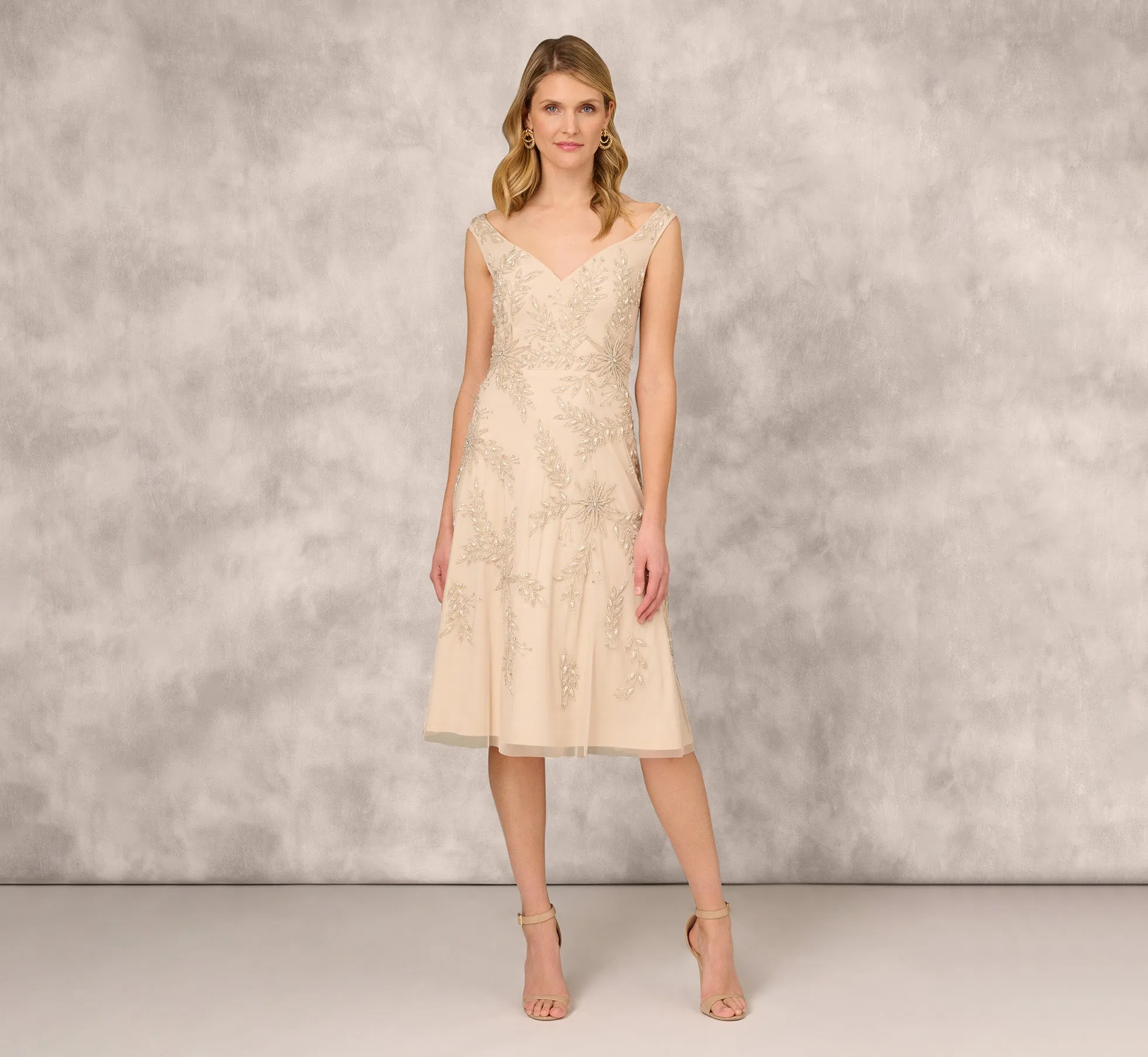 Beaded Sleeveless Midi Dress With Sweetheart Neckline In Champagne sold by Adrianna Papell