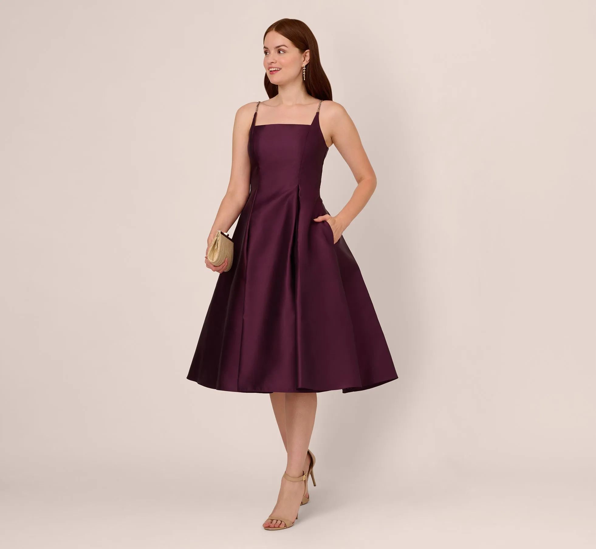 Mikado Midi Dress With Beaded Spaghetti Straps In Pinot Noir sold by Adrianna Papell product image thumbnail 2