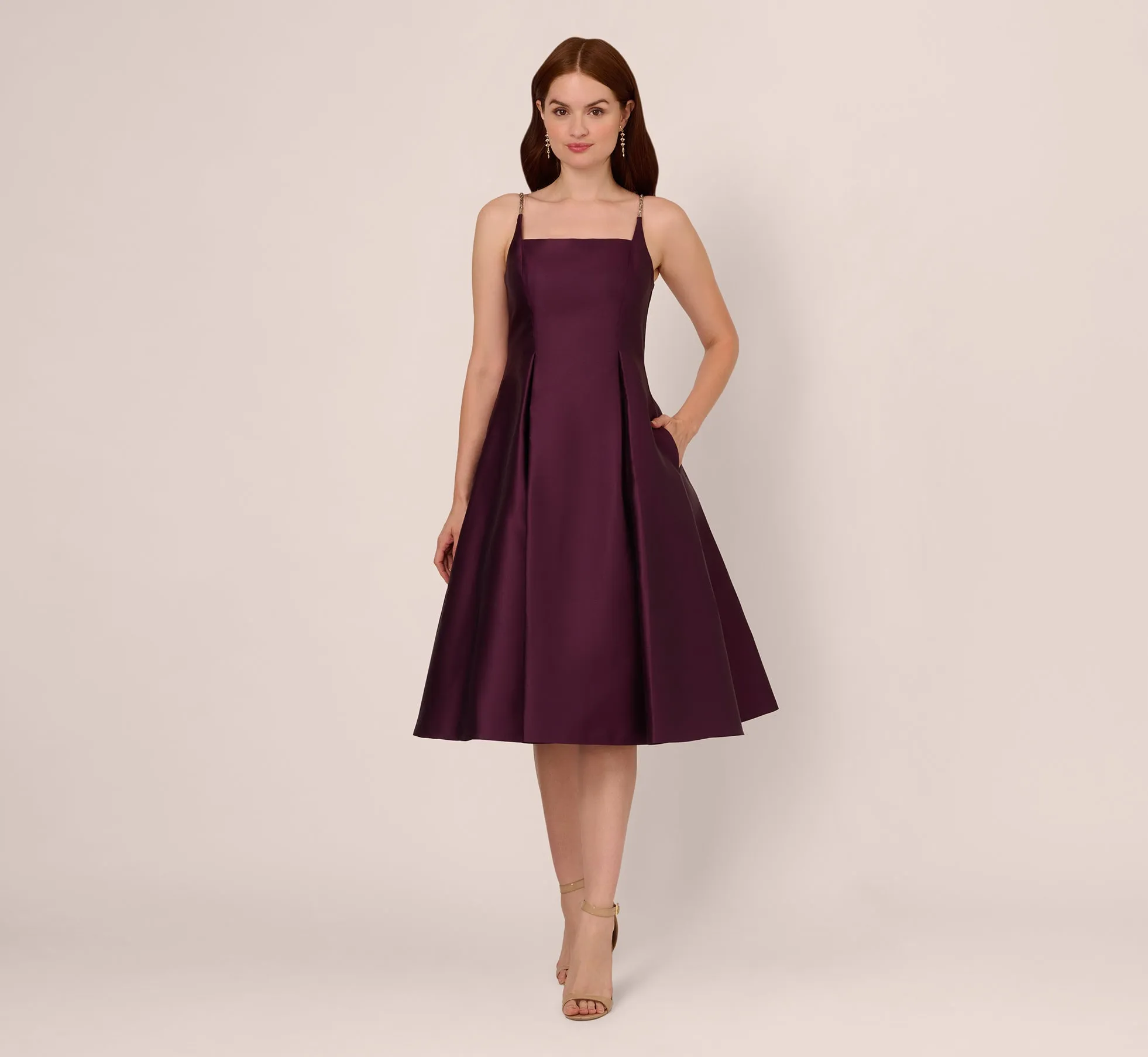 Mikado Midi Dress With Beaded Spaghetti Straps In Pinot Noir sold by Adrianna Papell