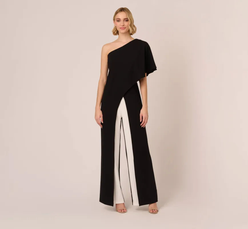Flutter One Shoulder Colorblock Jumpsuit With Wide Legs In Black Ivory sold by Adrianna Papell