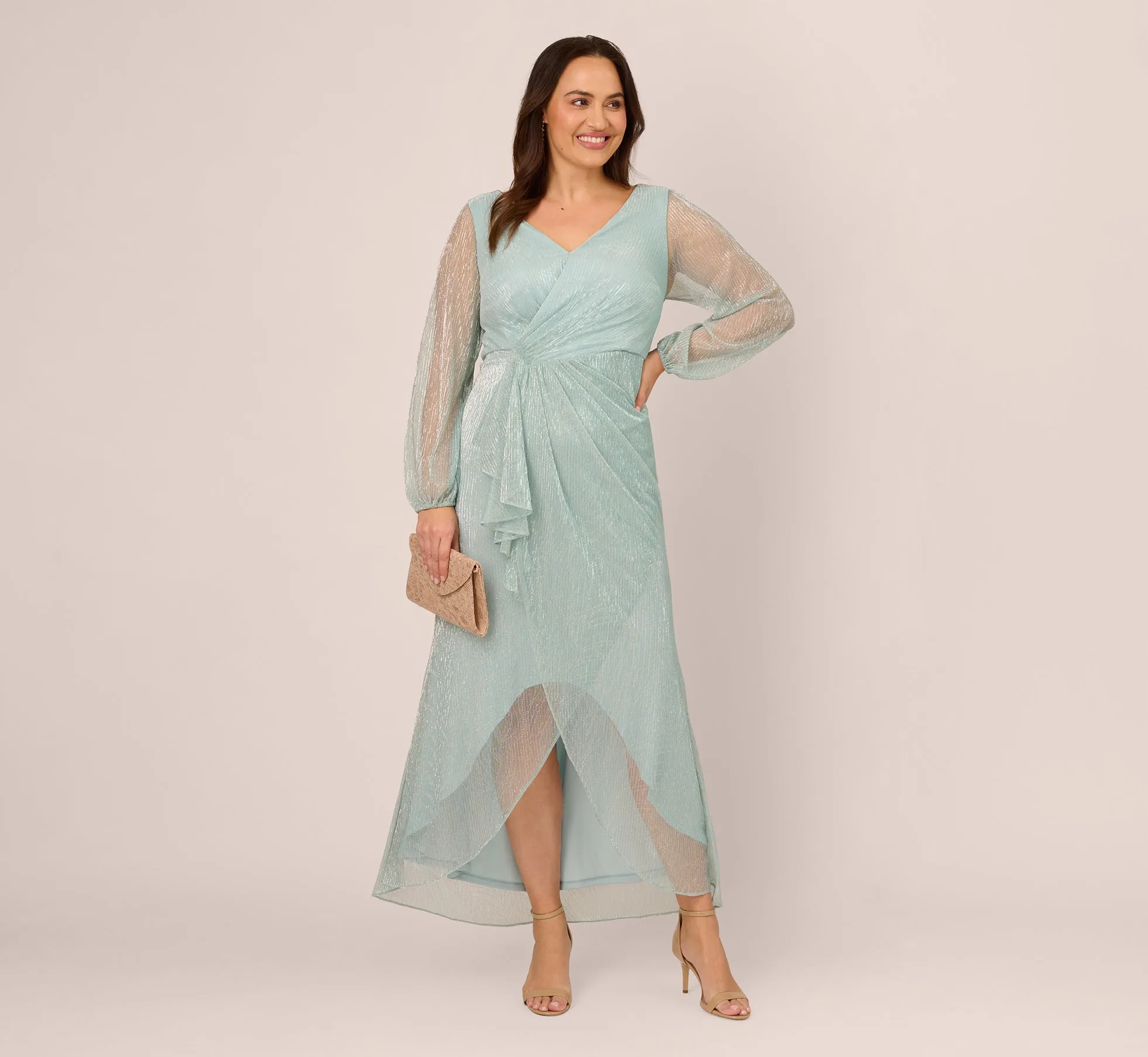 Plus Size Crinkle Metallic Gown With Sheer Bishop Sleeves And Draped Details In Mint Smoke sold by Adrianna Papell product image thumbnail 2