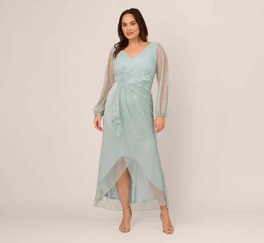 Plus Size Crinkle Metallic Gown With Sheer Bishop Sleeves And Draped Details In Mint Smoke sold by Adrianna Papell