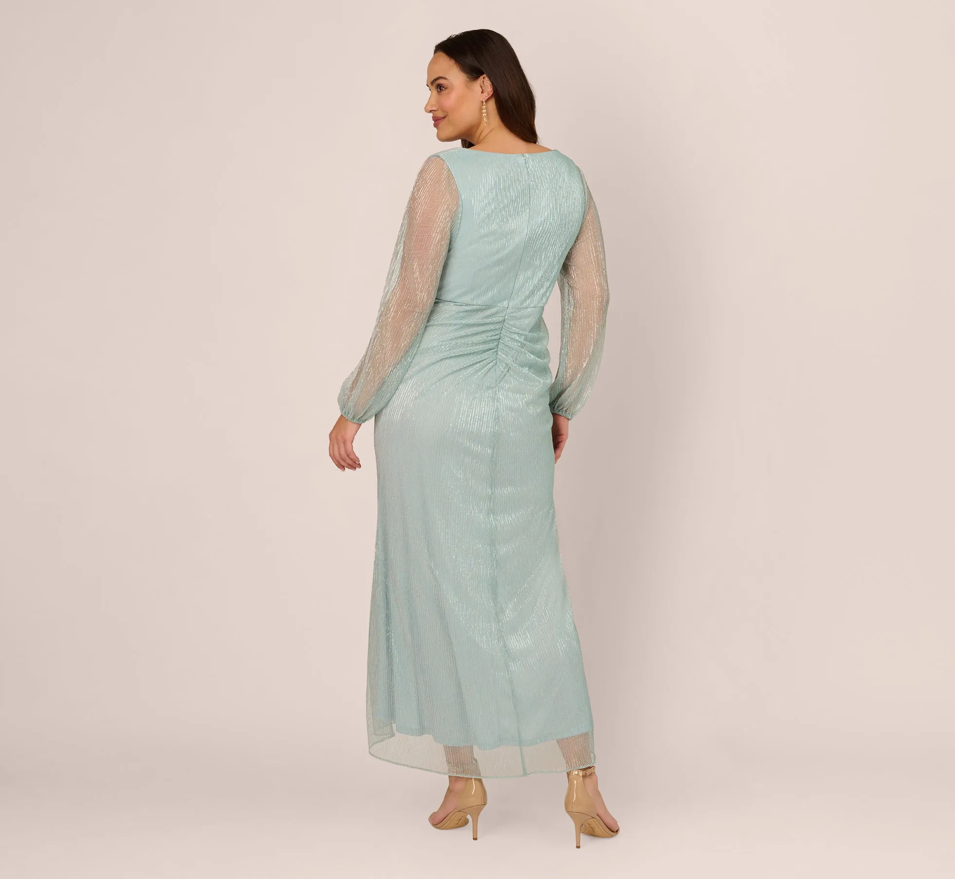 Plus Size Crinkle Metallic Gown With Sheer Bishop Sleeves And Draped Details In Mint Smoke sold by Adrianna Papell product image thumbnail 4