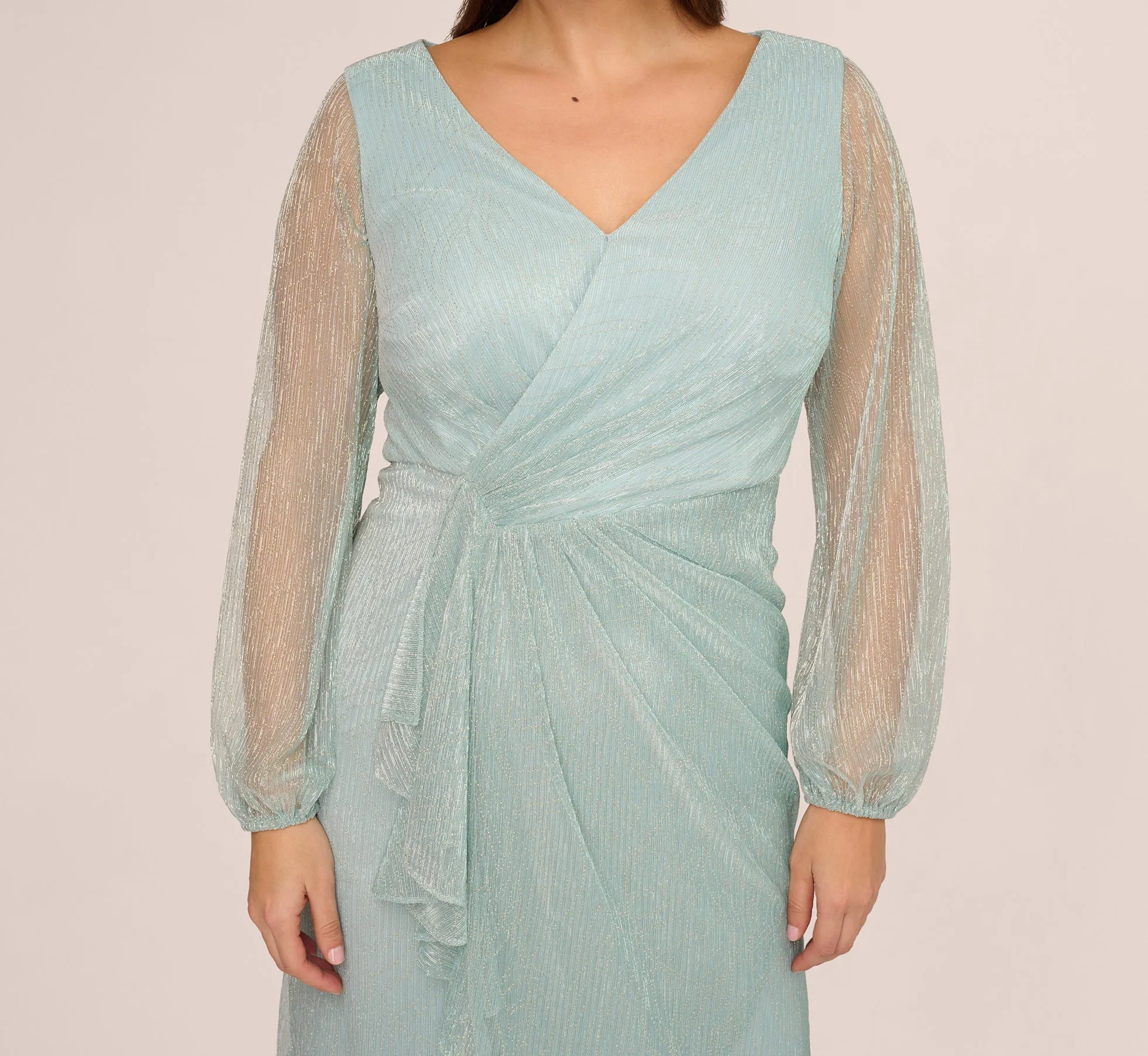 Plus Size Crinkle Metallic Gown With Sheer Bishop Sleeves And Draped Details In Mint Smoke sold by Adrianna Papell product image thumbnail 5