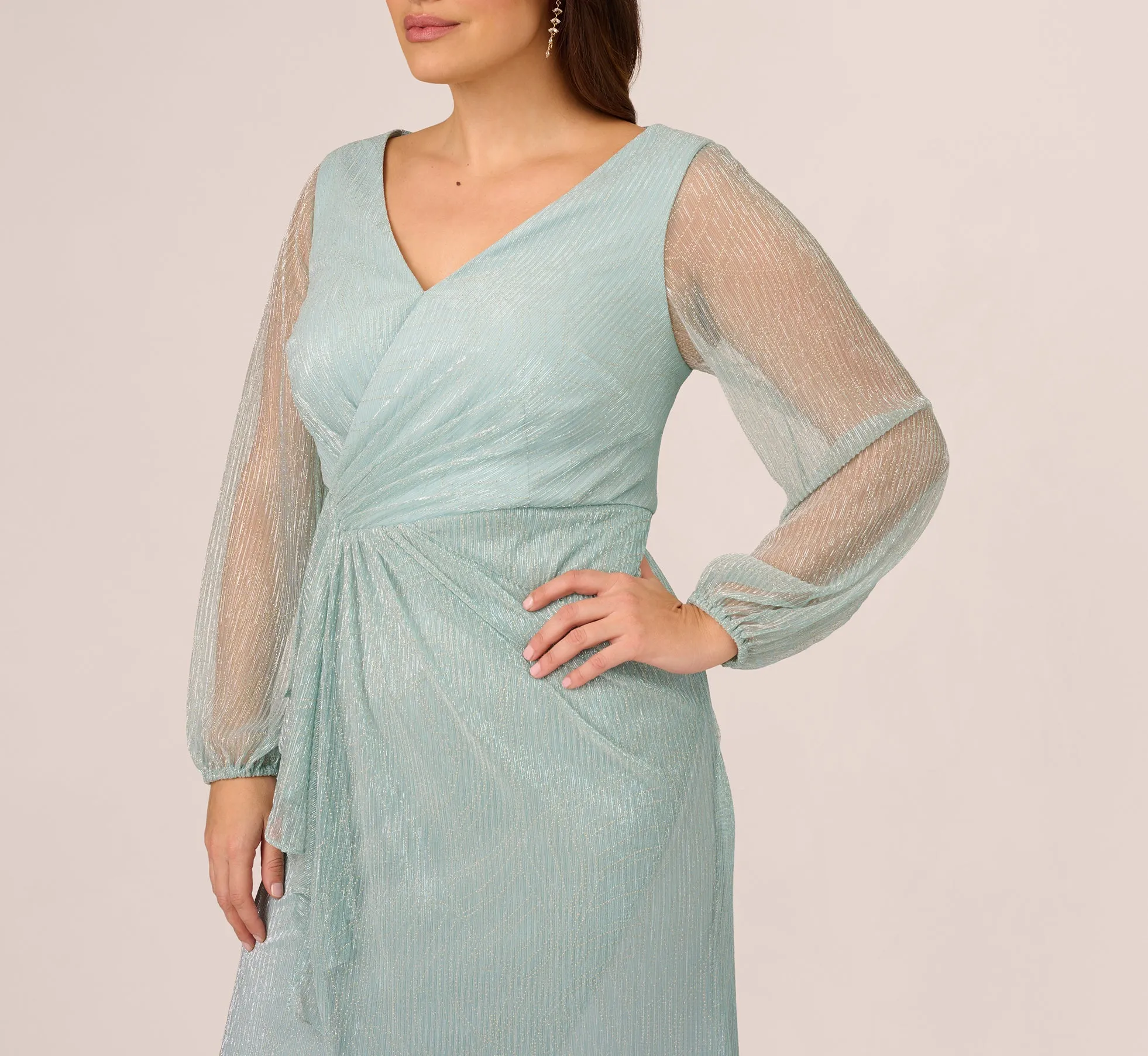 Plus Size Crinkle Metallic Gown With Sheer Bishop Sleeves And Draped Details In Mint Smoke sold by Adrianna Papell product image thumbnail 3