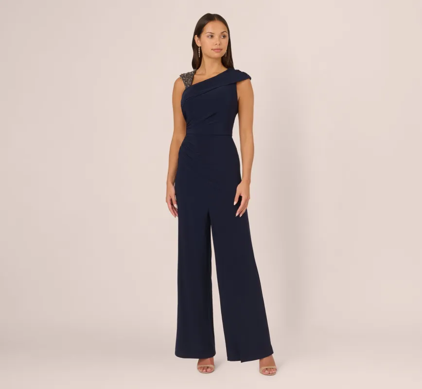Wide Leg Shirred Jersey Jumpsuit With Beaded Strap In Midnight sold by Adrianna Papell