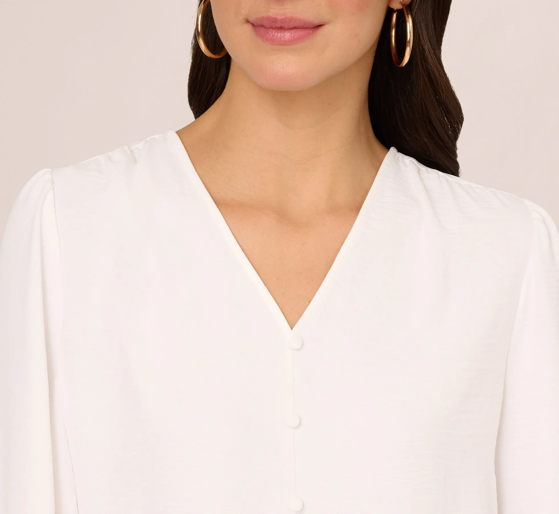 Long Sleeve Covered Button Up Top With V Neck In Ivory sold by Adrianna Papell product image thumbnail 5