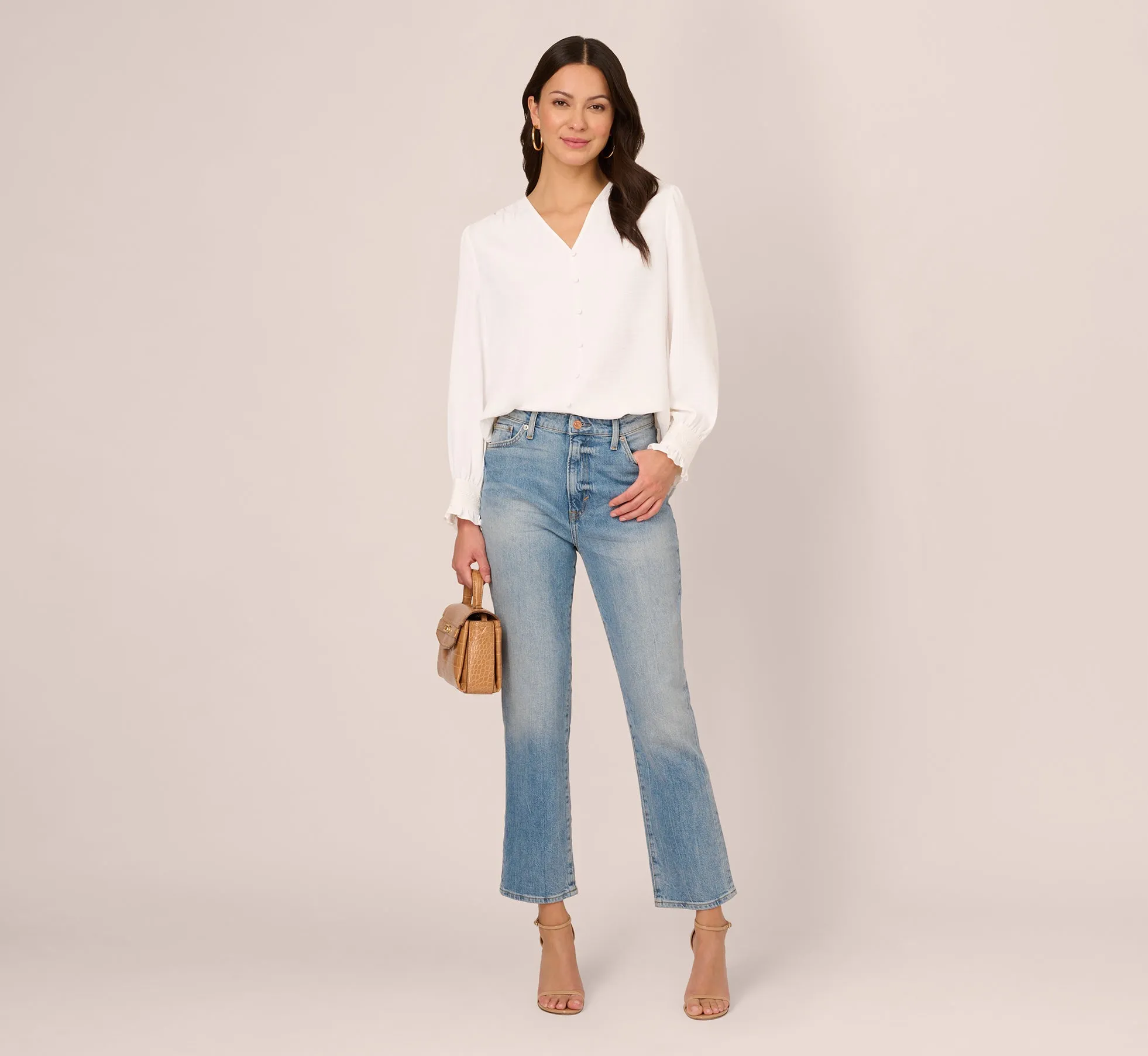 Long Sleeve Covered Button Up Top With V Neck In Ivory sold by Adrianna Papell product image thumbnail 2