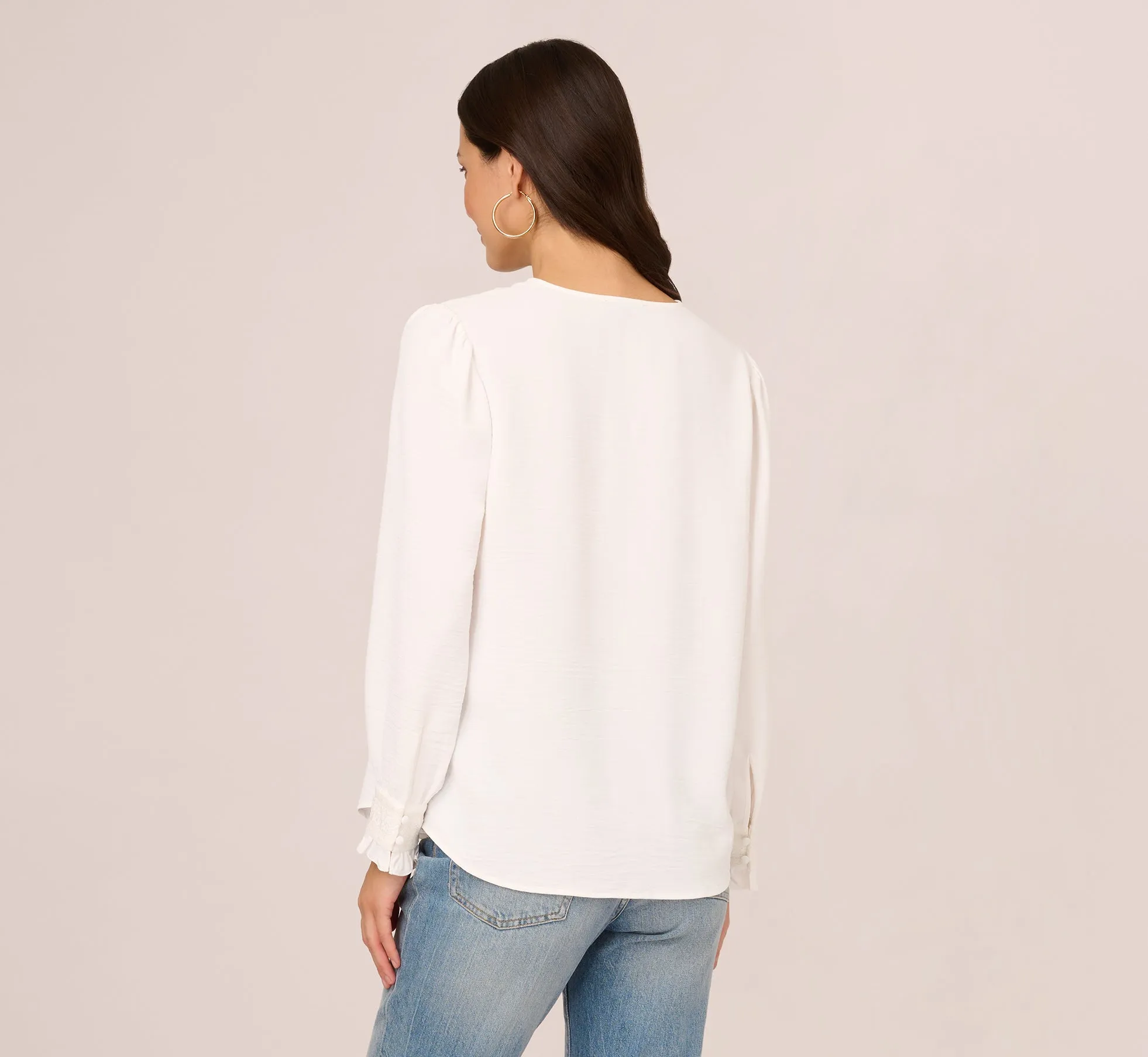 Long Sleeve Covered Button Up Top With V Neck In Ivory sold by Adrianna Papell product image thumbnail 4