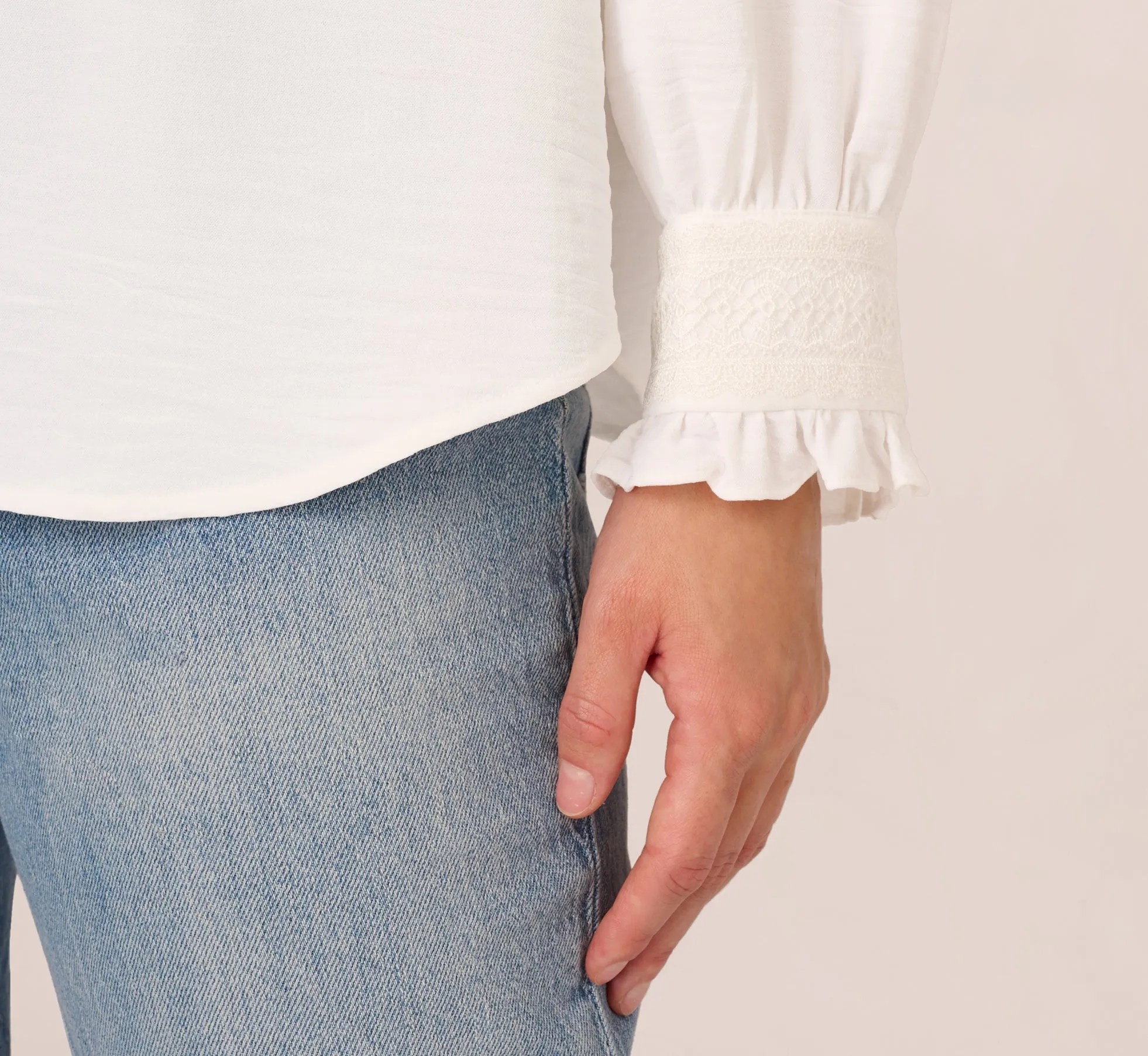 Long Sleeve Covered Button Up Top With V Neck In Ivory sold by Adrianna Papell product image thumbnail 3