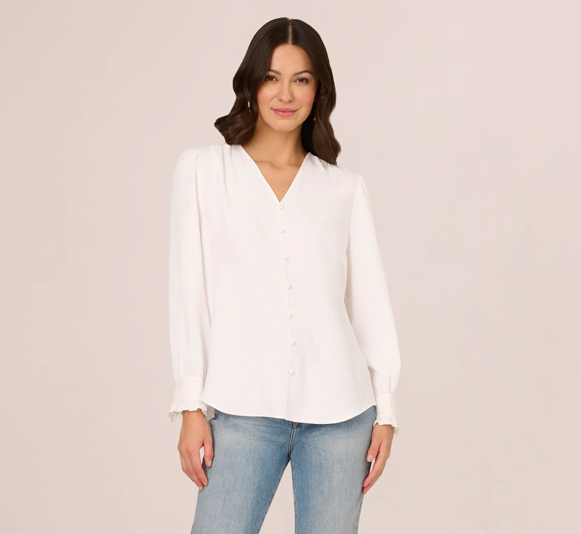 Long Sleeve Covered Button Up Top With V Neck In Ivory sold by Adrianna Papell