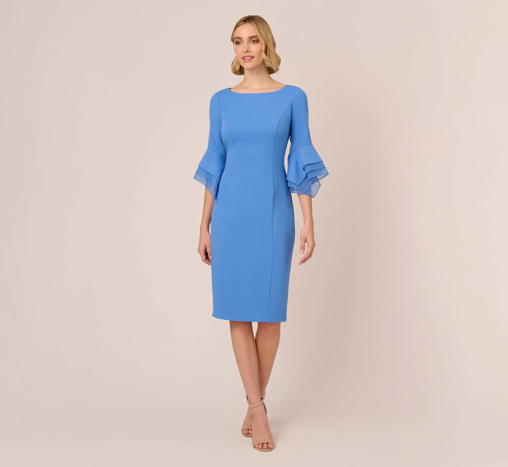Knit Crepe Sheath Dress With Tiered Three Quarter Sleeves In Cool Water sold by Adrianna Papell