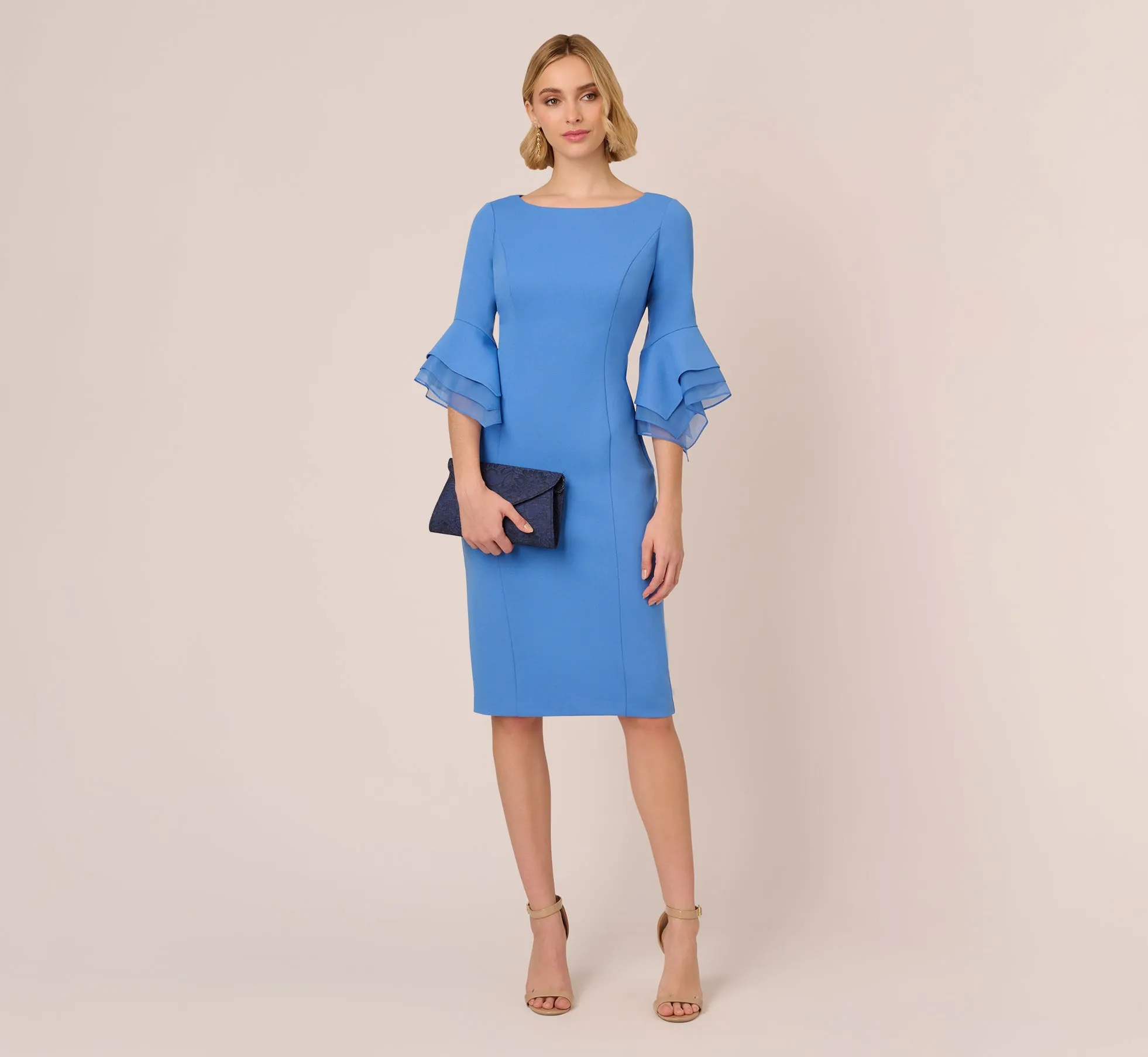 Knit Crepe Sheath Dress With Tiered Three Quarter Sleeves In Cool Water sold by Adrianna Papell product image thumbnail 2