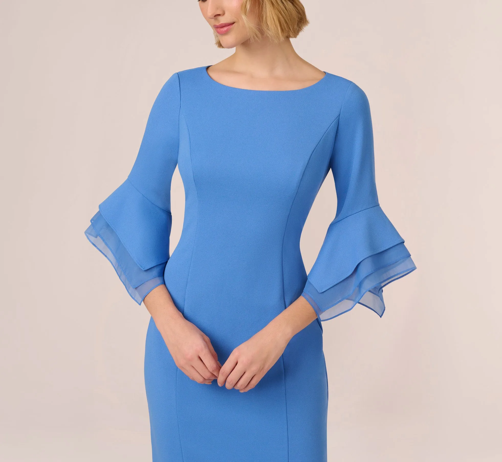 Knit Crepe Sheath Dress With Tiered Three Quarter Sleeves In Cool Water sold by Adrianna Papell product image thumbnail 3