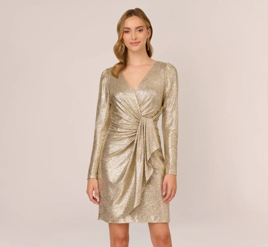 Foil Knit Faux Wrap Dress With Long Sleeves In Light Gold sold by Adrianna Papell