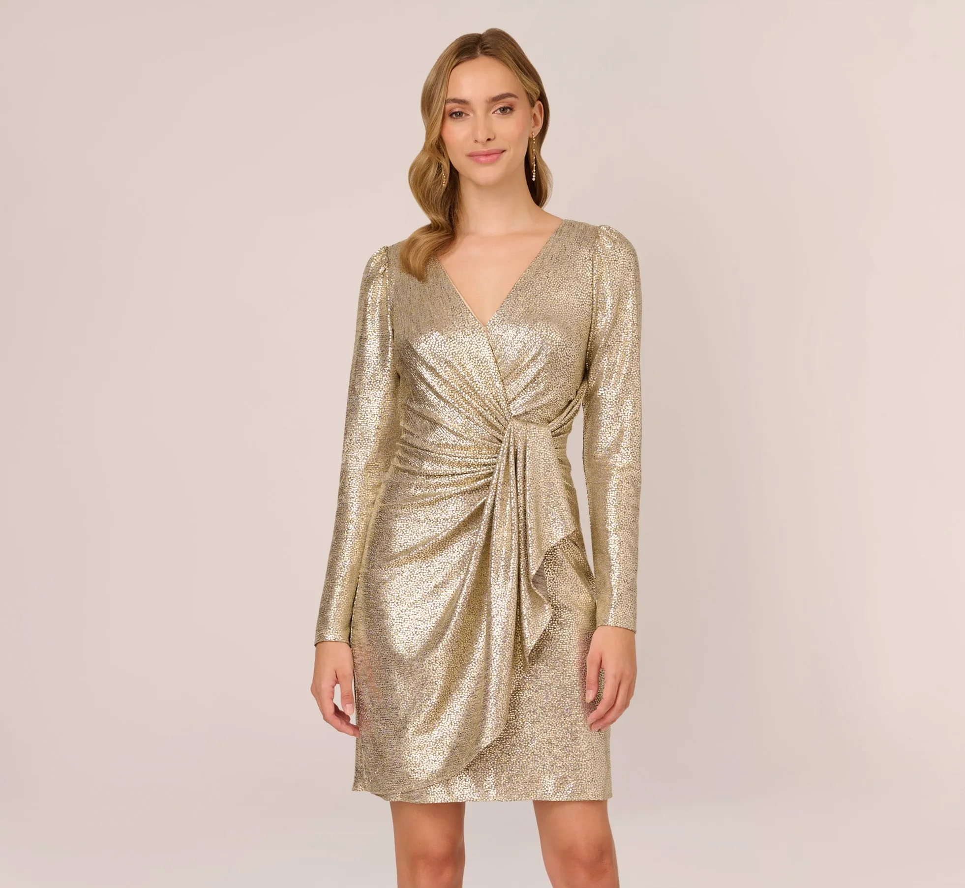 Foil Knit Faux Wrap Dress With Long Sleeves In Light Gold sold by Adrianna Papell