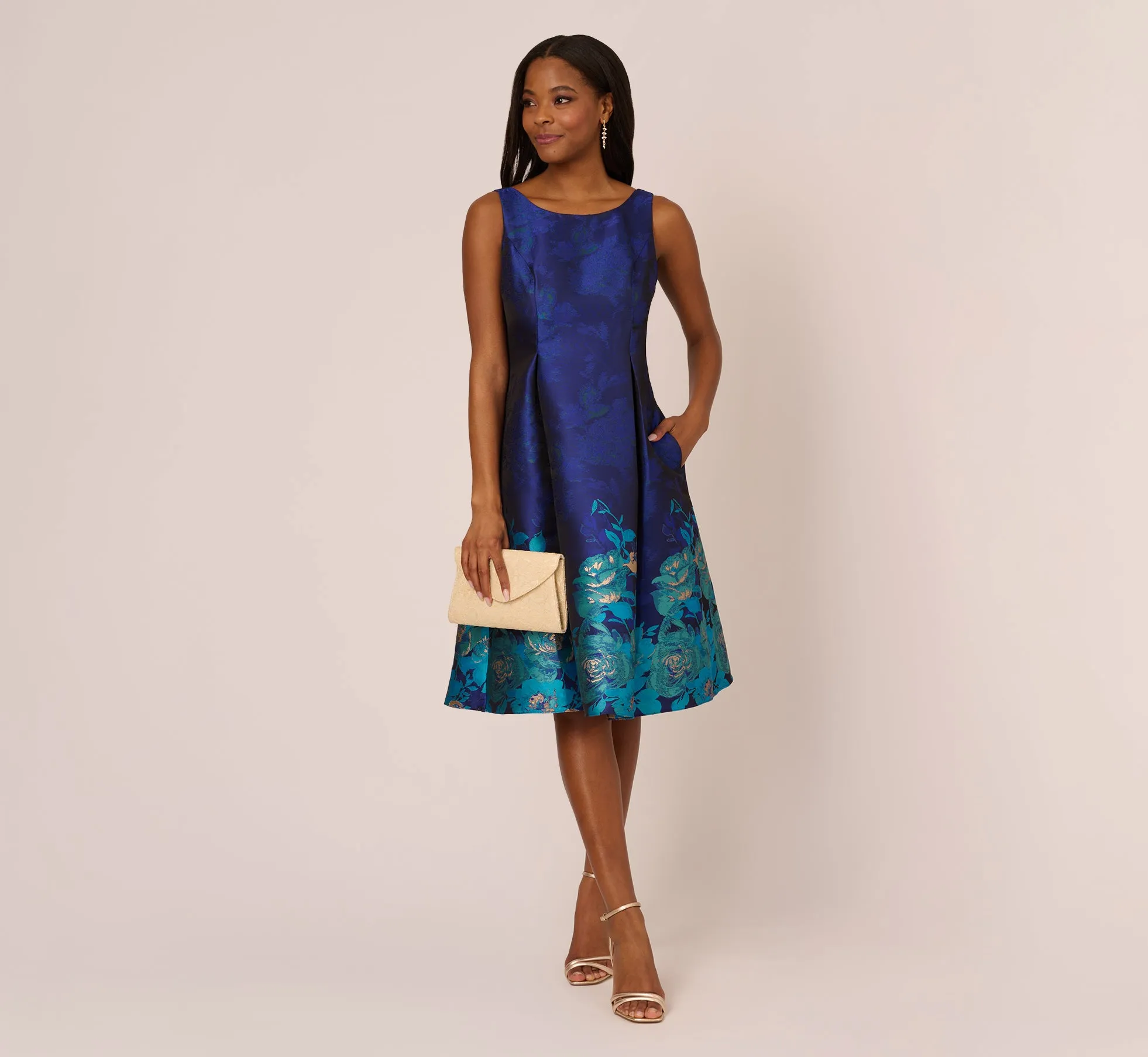 Jacquard Midi Dress With Metallic Floral Trim In Blue Teal Multi sold by Adrianna Papell product image thumbnail 2
