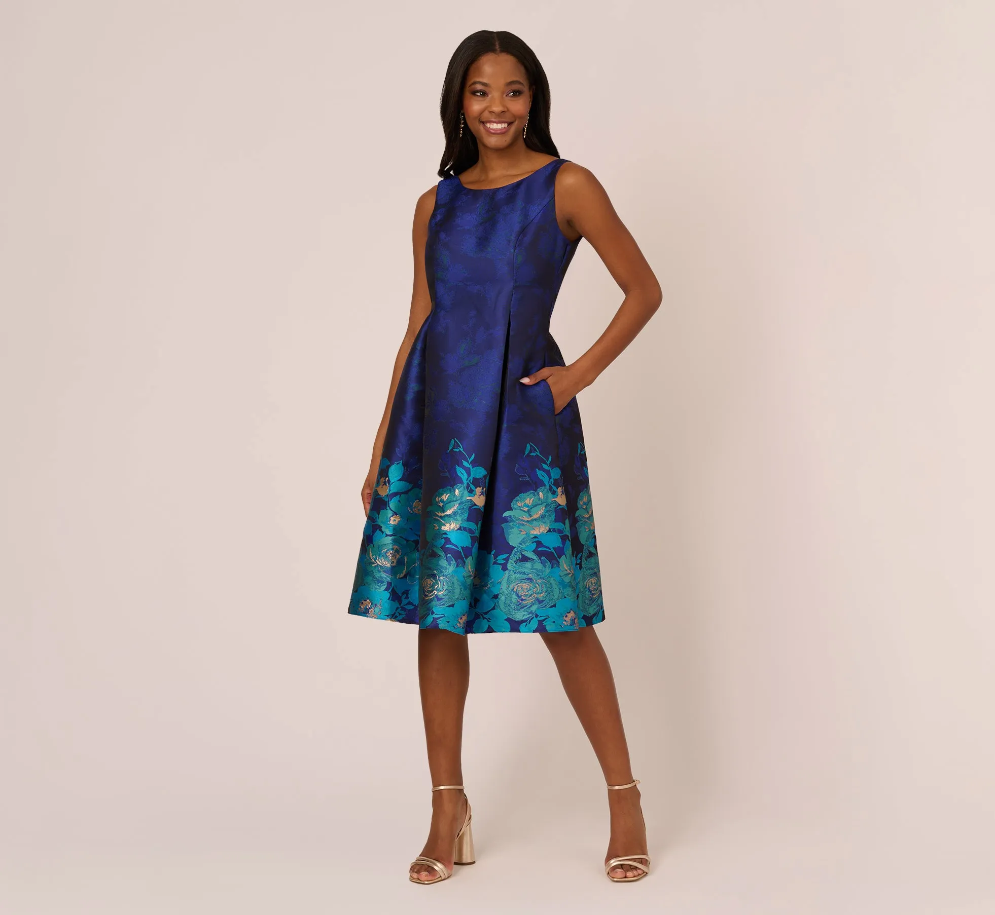 Jacquard Midi Dress With Metallic Floral Trim In Blue Teal Multi sold by Adrianna Papell