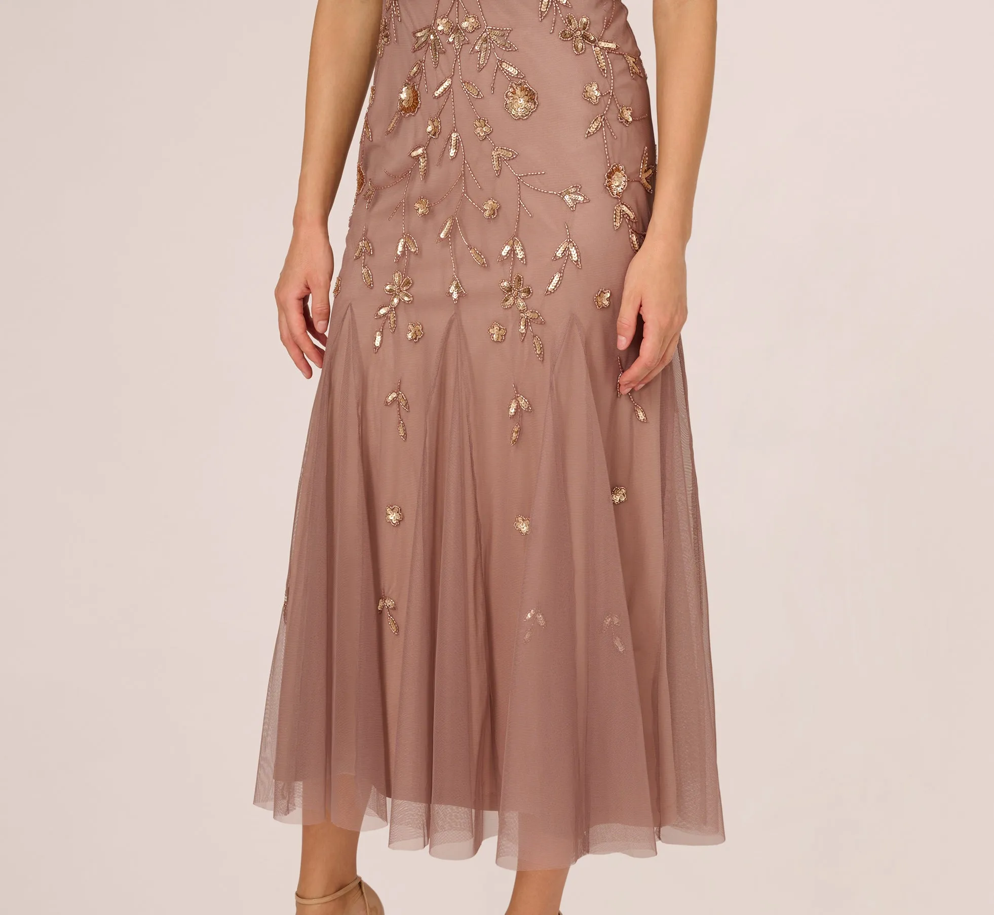 Floral Beaded Blouson Tea Length Dress In Stone sold by Adrianna Papell product image thumbnail 5