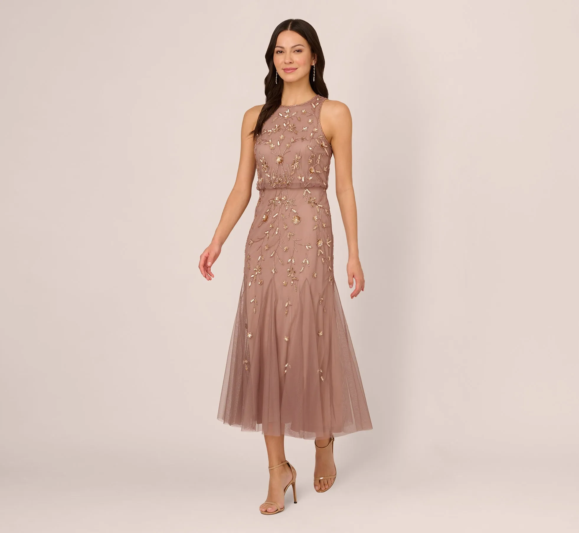 Floral Beaded Blouson Tea Length Dress In Stone sold by Adrianna Papell