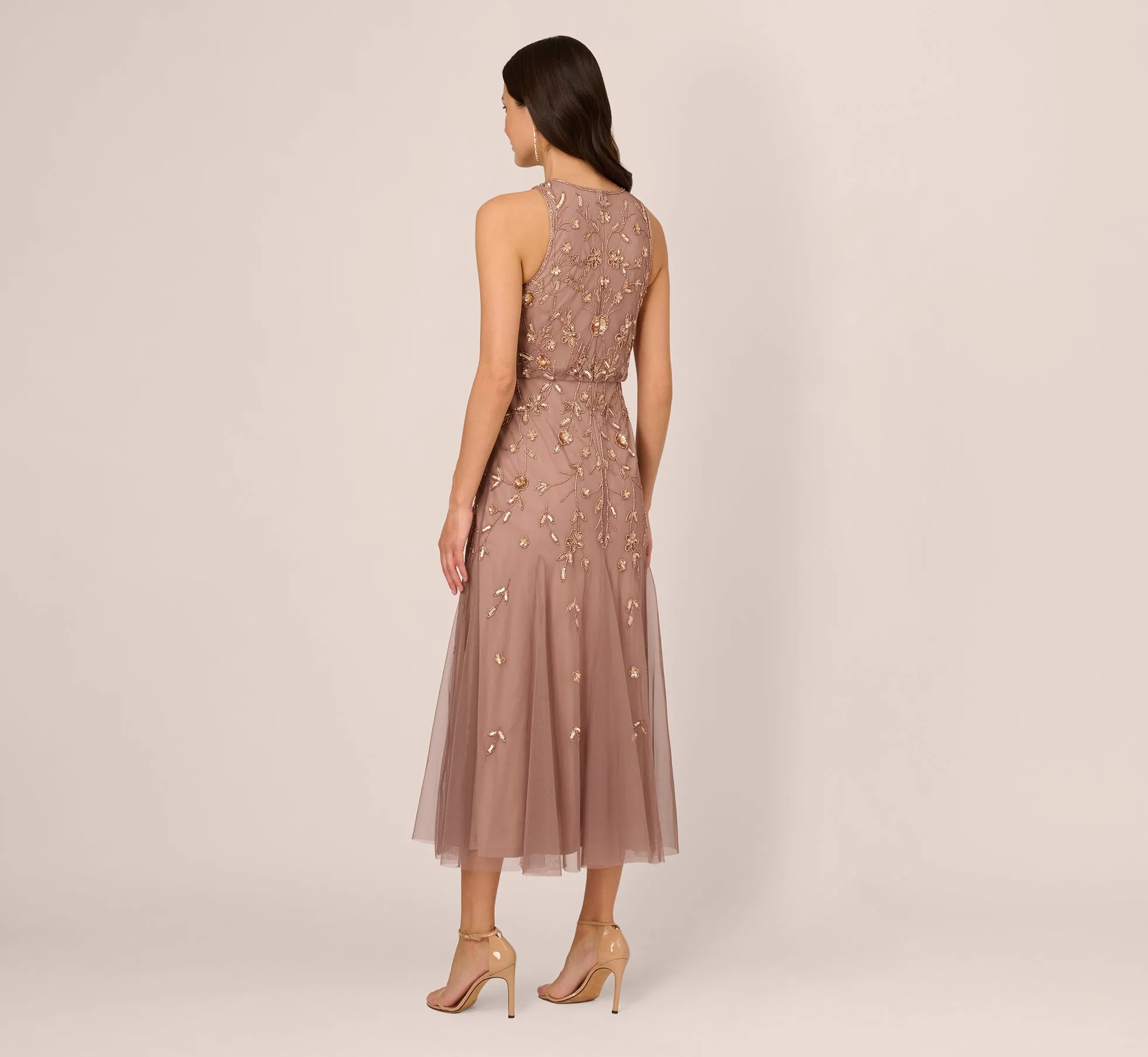 Floral Beaded Blouson Tea Length Dress In Stone sold by Adrianna Papell product image thumbnail 4