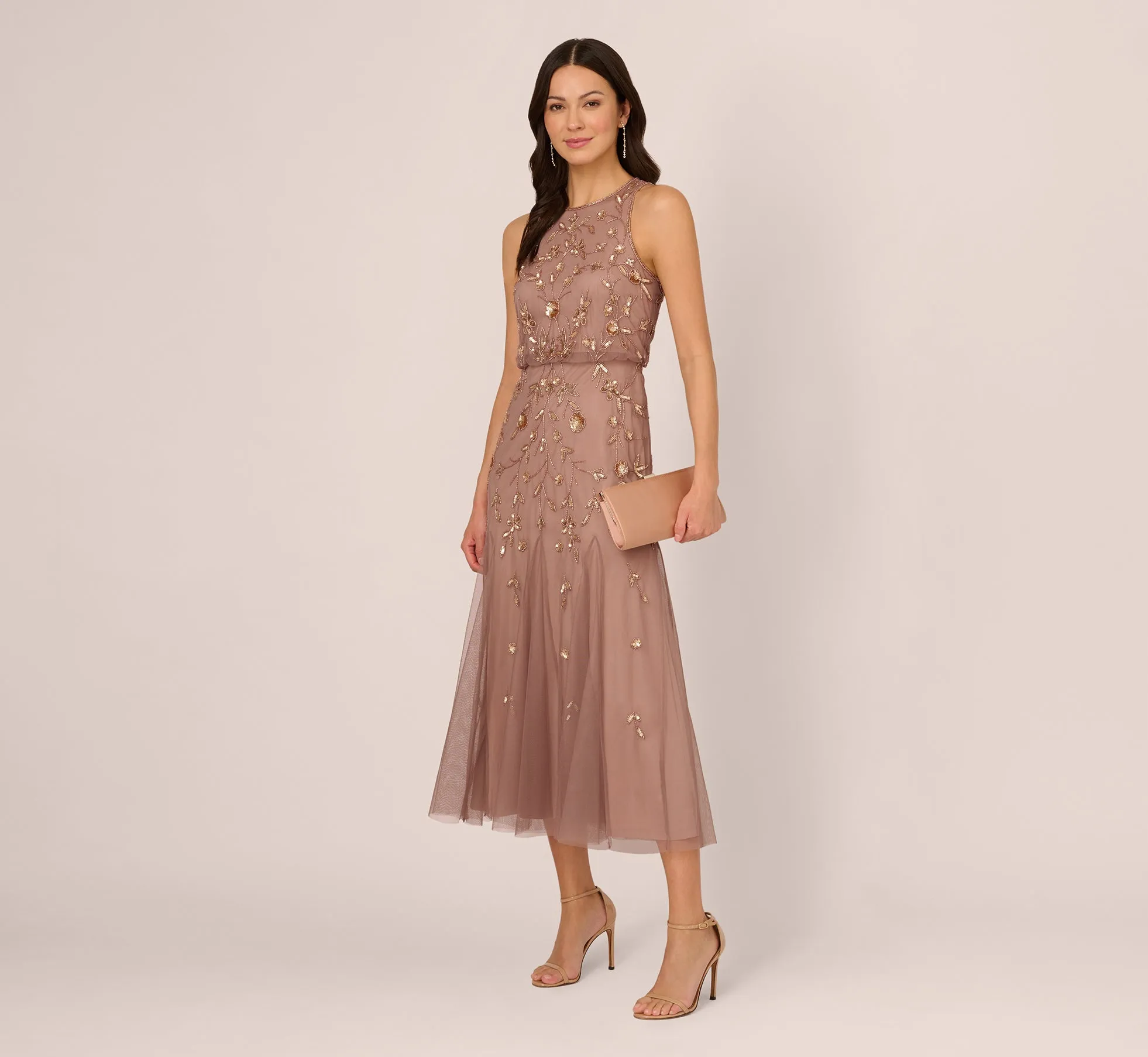 Floral Beaded Blouson Tea Length Dress In Stone sold by Adrianna Papell product image thumbnail 2