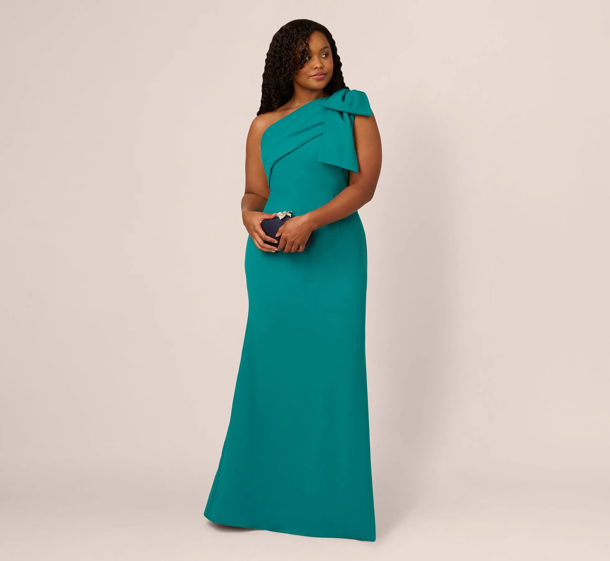 Plus Size Stretch Crepe One Shoulder Mermaid Gown With Bow Accent In Tempo Teal sold by Adrianna Papell product image thumbnail 2