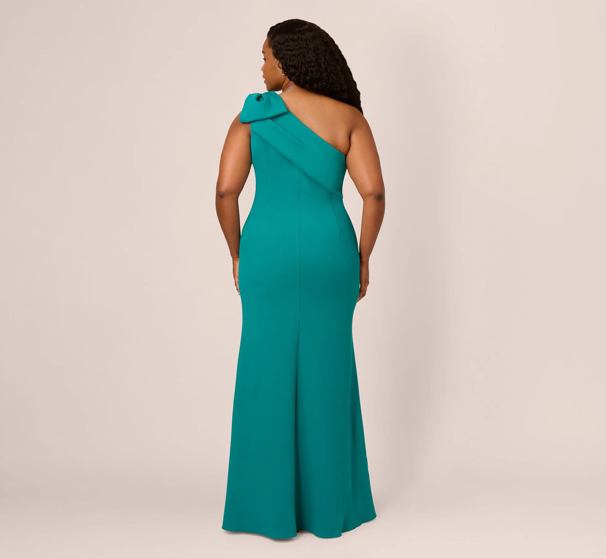 Plus Size Stretch Crepe One Shoulder Mermaid Gown With Bow Accent In Tempo Teal sold by Adrianna Papell product image thumbnail 4