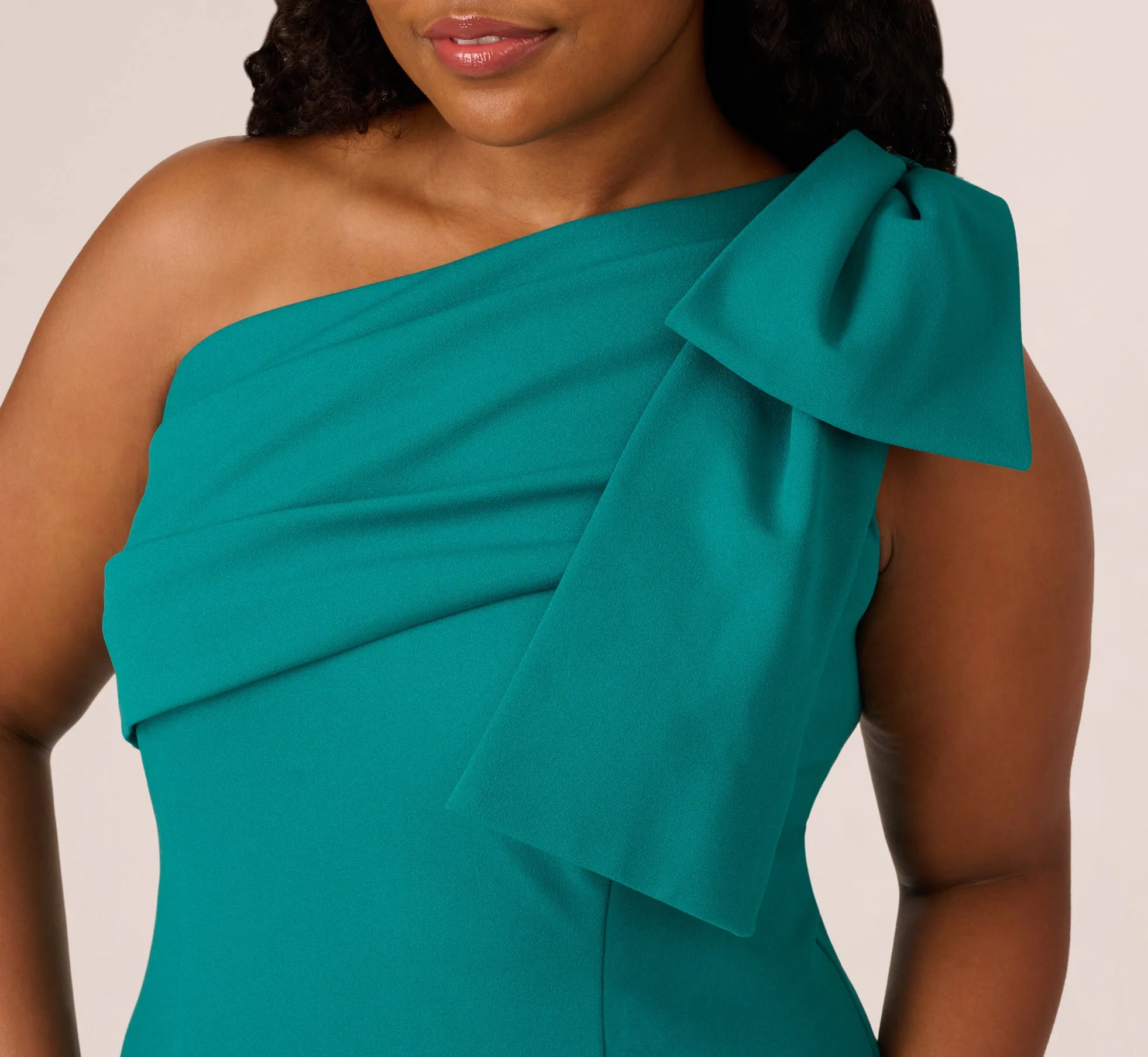 Plus Size Stretch Crepe One Shoulder Mermaid Gown With Bow Accent In Tempo Teal sold by Adrianna Papell product image thumbnail 3