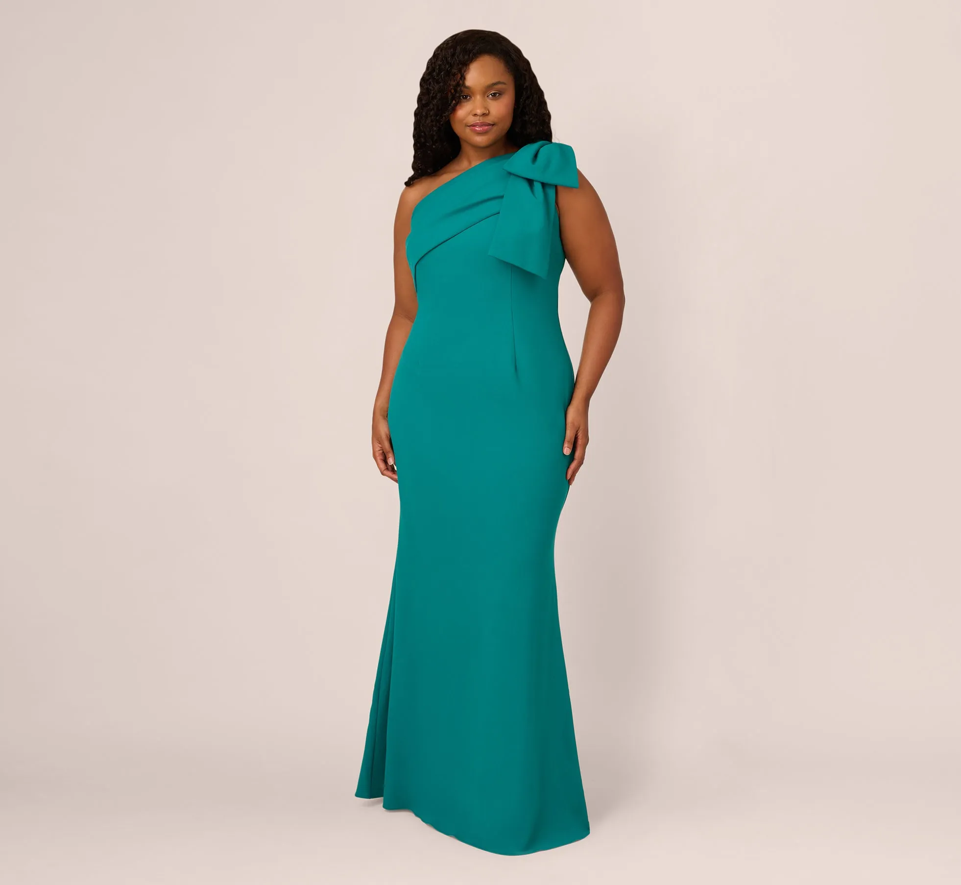 Plus Size Stretch Crepe One Shoulder Mermaid Gown With Bow Accent In Tempo Teal sold by Adrianna Papell