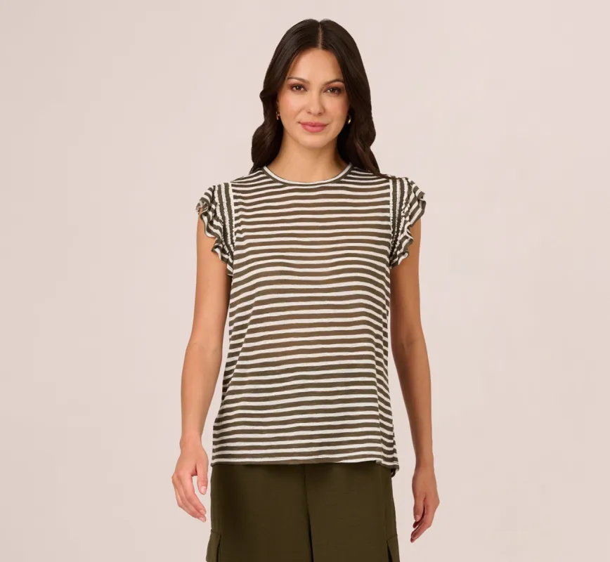 Striped Tee With Ruffle Sleeves In Dk Green White sold by Adrianna Papell