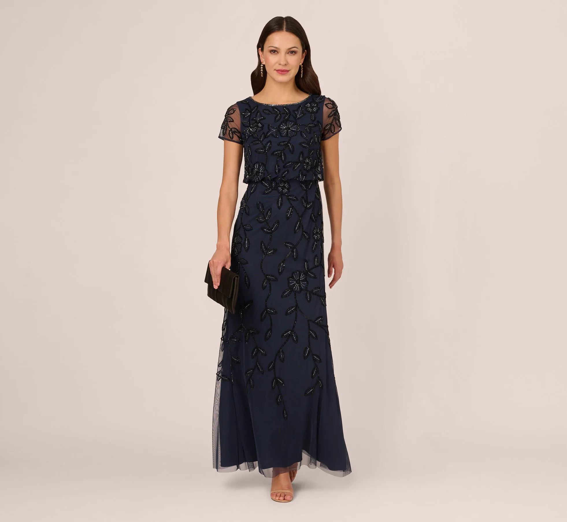 Jasmine Beaded Blouson Gown With Sheer Short Sleeves In Navy Black sold by Adrianna Papell product image thumbnail 2