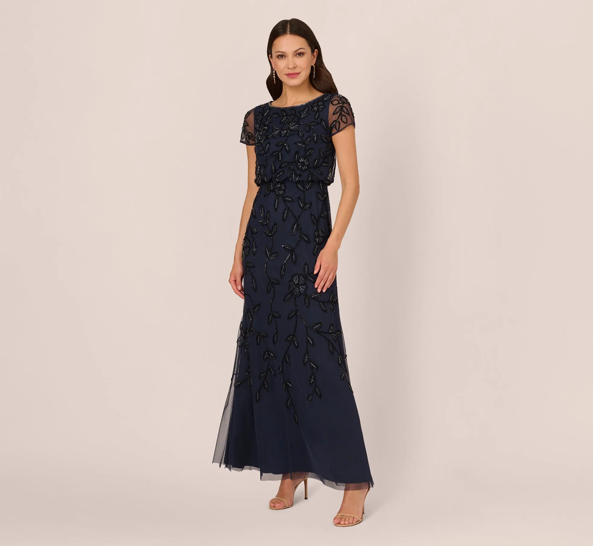 Jasmine Beaded Blouson Gown With Sheer Short Sleeves In Navy Black sold by Adrianna Papell